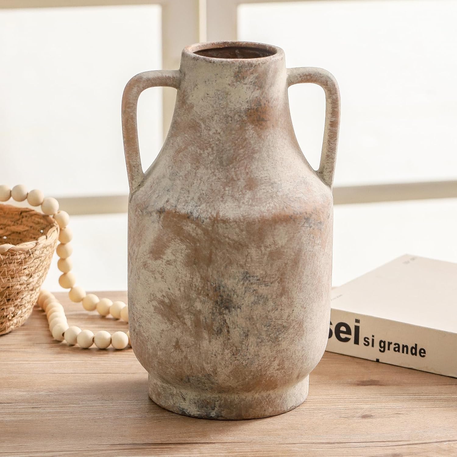 Mitt&Ditt Ceramic Flower Vase with Handles, 11 inch Tall Vase for Centerpieces, Large Decorative Terracotta Vases, Farmhouse Rustic Vases for Home Decor, Living Room, Table, Neutral - Image 2