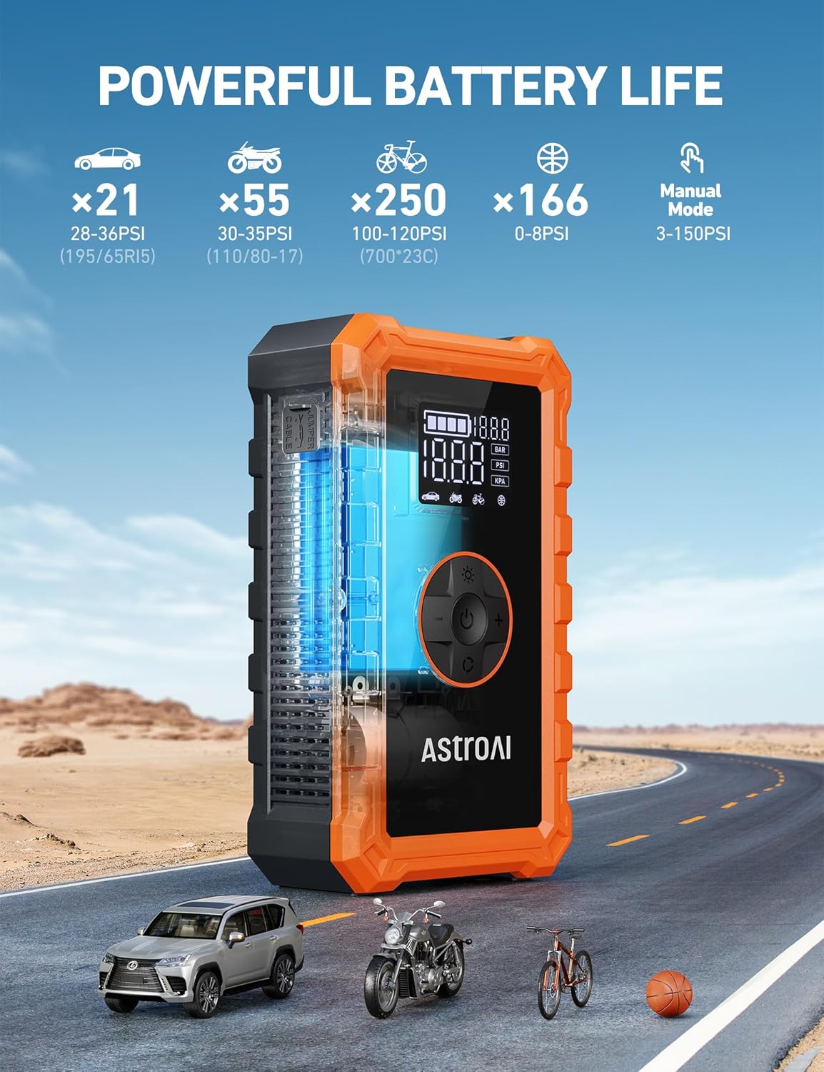 AstroAI S8 Air Jump Starter with Air Compressor, 3000A Peak Car Battery Jump Starter Portable (9.0 Gas/6.5L Diesel) with 150PSI Cordless Auto-Shutoff Tire Inflator, 12V Battery Charger Booster(Orange) - Image 4