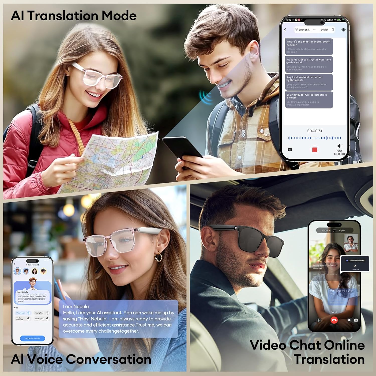 AI Smart Glasses, Bluetooth 5.4 Translation Glasses with 144 Language & Accents, Blue Light Filtering Lenses, Multifunctional Smart Glasses for Men Women, Travel Meeting Trade Business HY-C8 White - Image 7