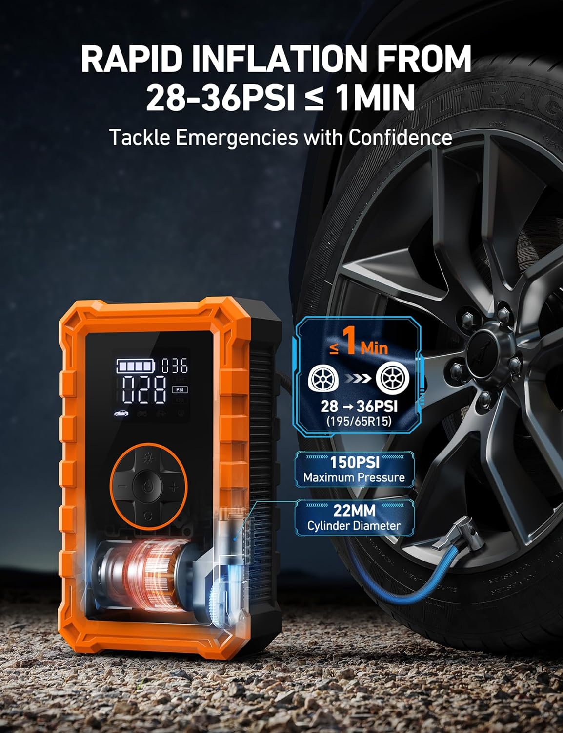 AstroAI S8 Air Jump Starter with Air Compressor, 3000A Peak Car Battery Jump Starter Portable (9.0 Gas/6.5L Diesel) with 150PSI Cordless Auto-Shutoff Tire Inflator, 12V Battery Charger Booster(Orange) - Image 3