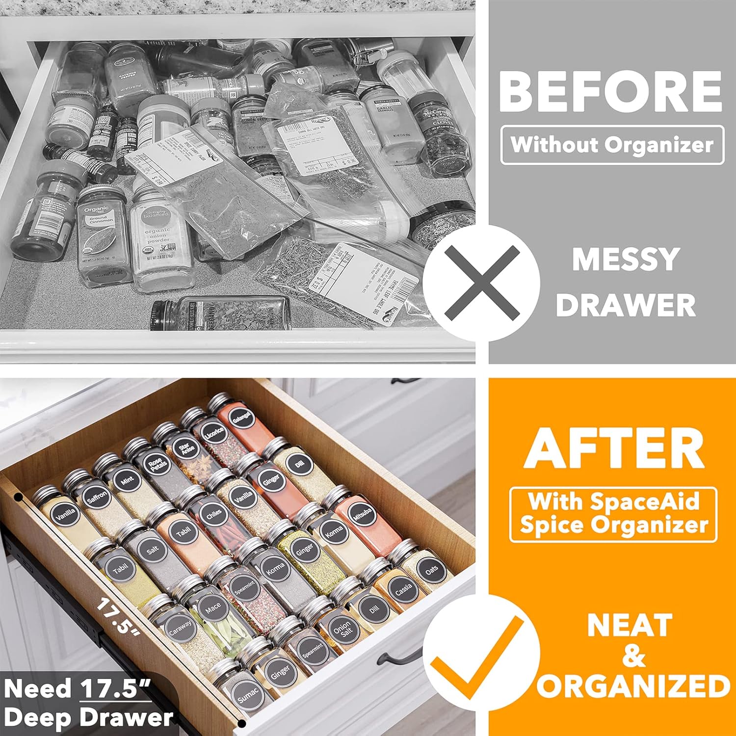 SpaceAid Spice Drawer Organizer with 28 Spice Jars, 386 Spice Labels, 4 Tier Seasoning Rack Tray Insert for Kitchen Drawers, 13" Wide x 17.5" Deep - Image 2