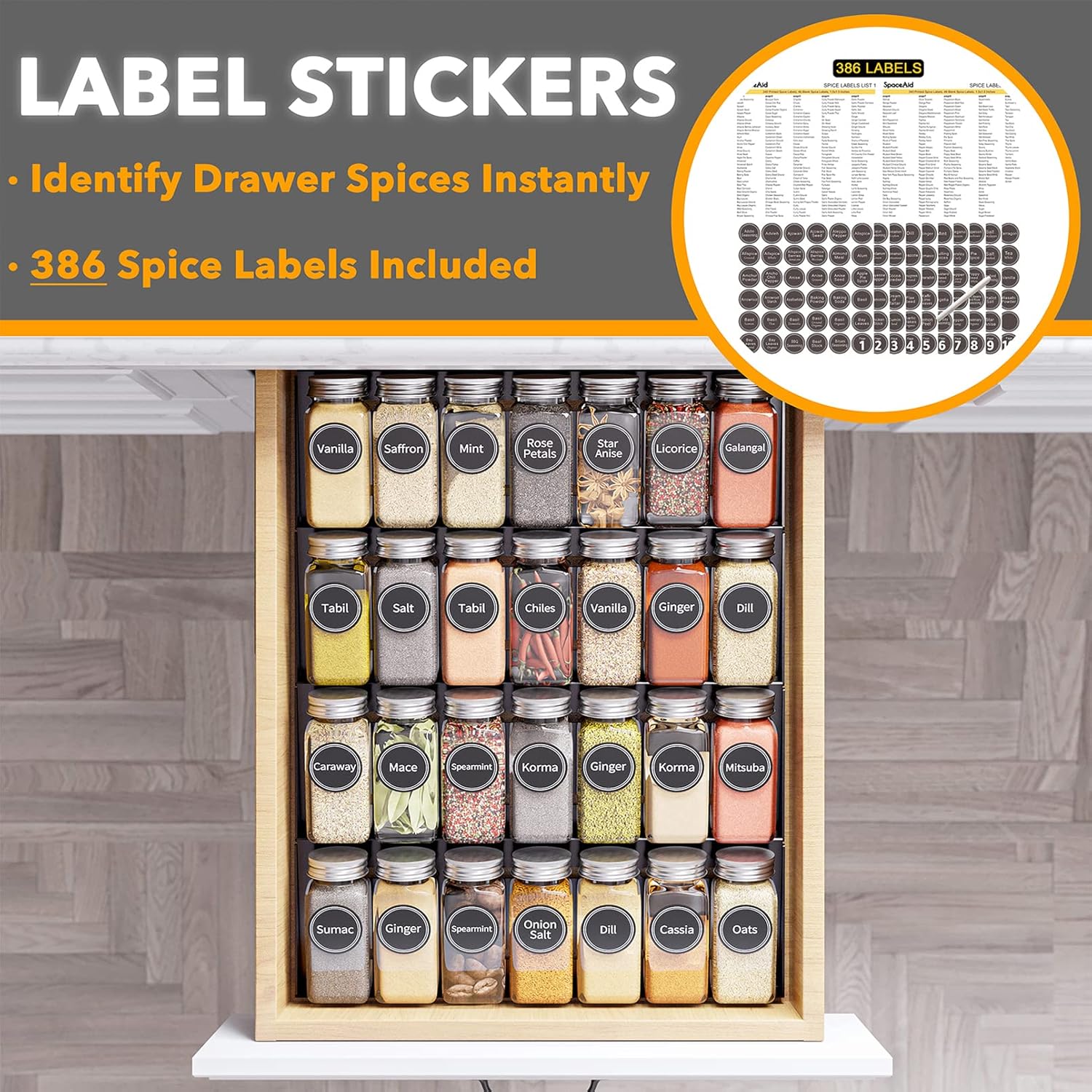 SpaceAid Spice Drawer Organizer with 28 Spice Jars, 386 Spice Labels, 4 Tier Seasoning Rack Tray Insert for Kitchen Drawers, 13" Wide x 17.5" Deep - Image 3