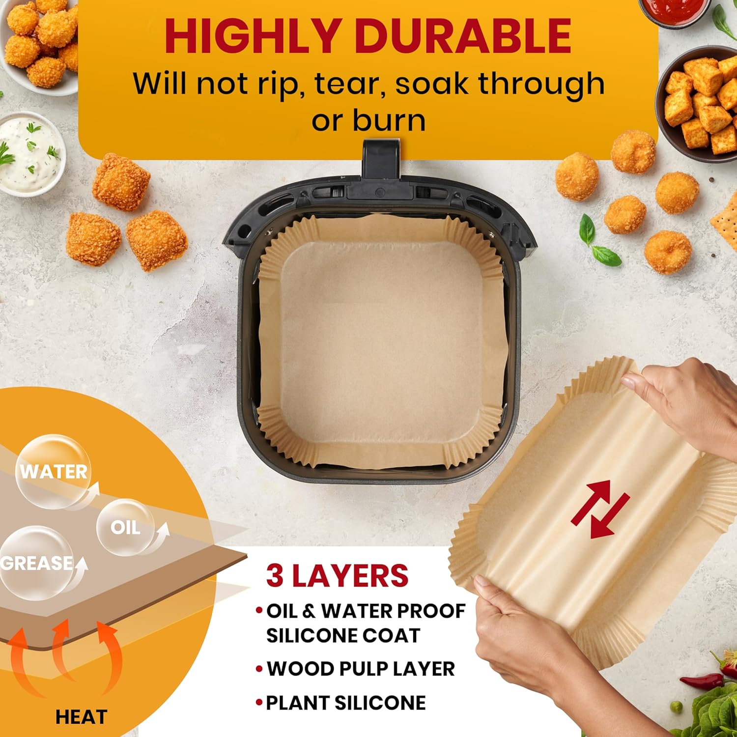 Air Fryer Paper Liners, 125Pcs Air Fryer Disposable Liners, Non-Stick and Oil Proof for Easy Cleanup, 8” Square for 5-8 qt Basket by Baker's Signature - Image 4