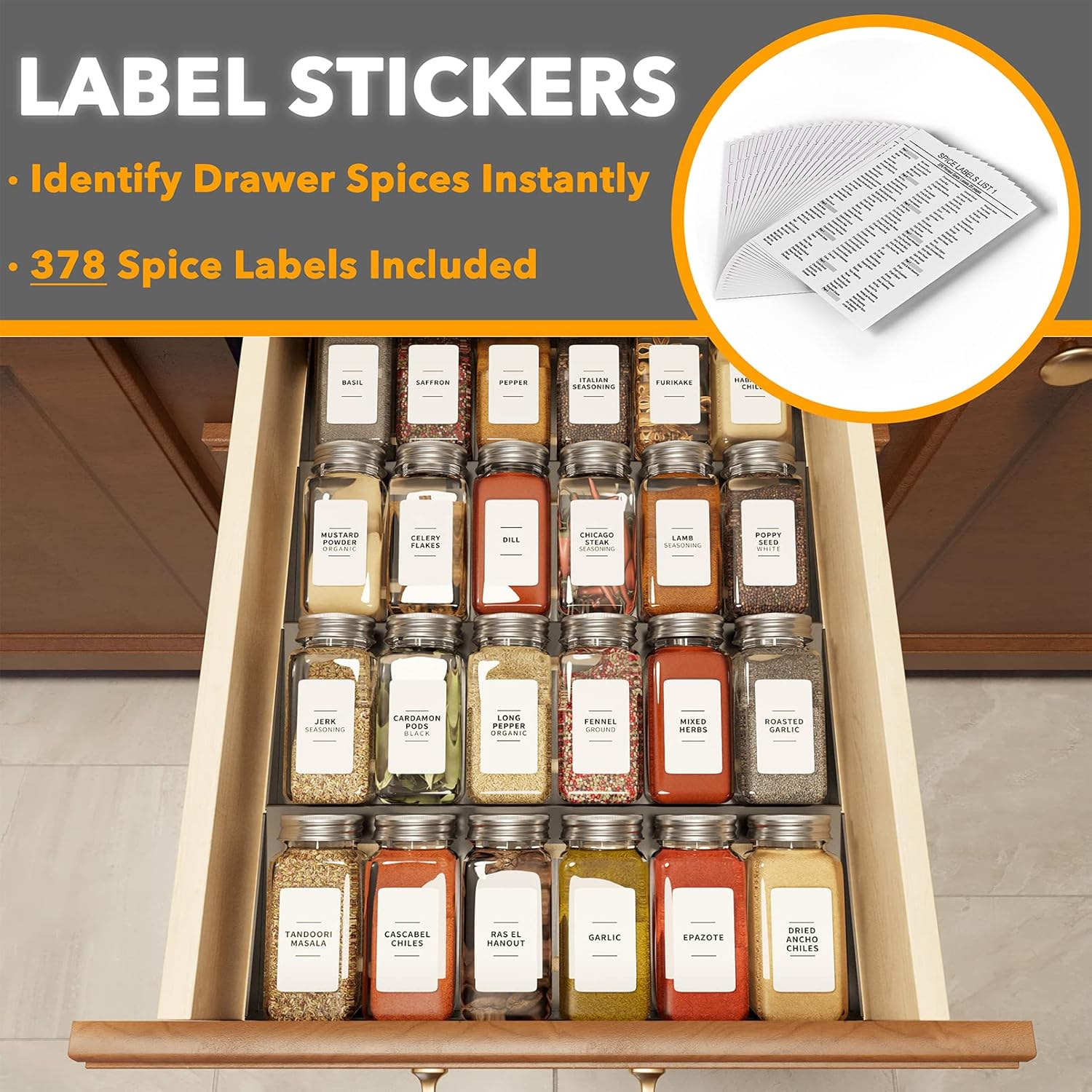 SpaceAid Spice Drawer Organizer with 24 Spice Jars, 378 White Minimalist Spice Labels, 4 Tier Seasoning Rack Tray Insert for Kitchen Drawers, 11.25" Wide x 17.5" Deep - Image 3