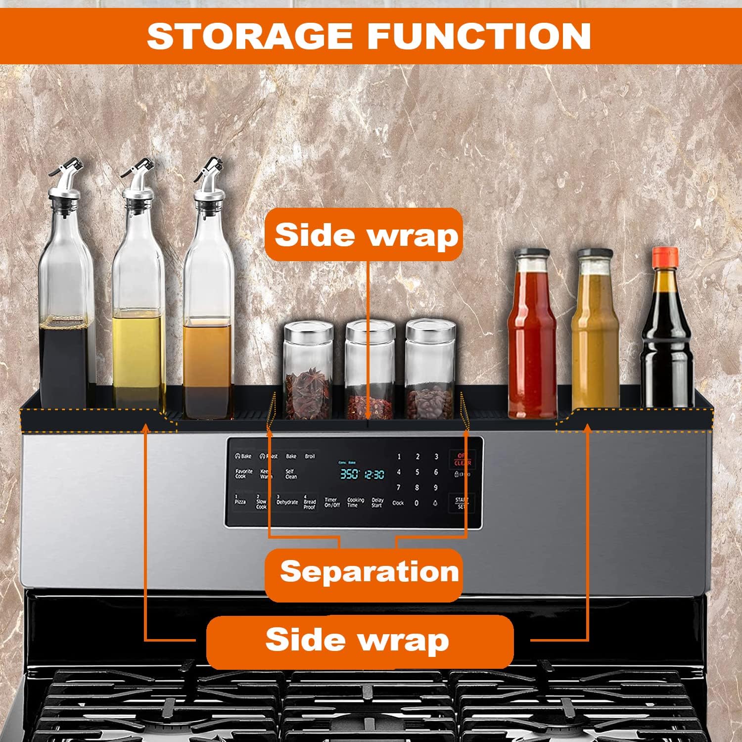 AWOKE Stove Top Shelf 30 Inch - Silicone Material Magnetic Shelf for Stove - 3 Functional Partitions Kitchen Spice Rack Organizer-Black,Kitchen Gadgets Storage Organization - Image 2