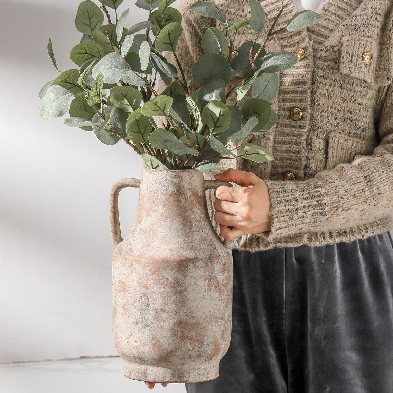 Mitt&Ditt Ceramic Flower Vase with Handles, 11 inch Tall Vase for Centerpieces, Large Decorative Terracotta Vases, Farmhouse Rustic Vases for Home Decor, Living Room, Table, Neutral - Image 6