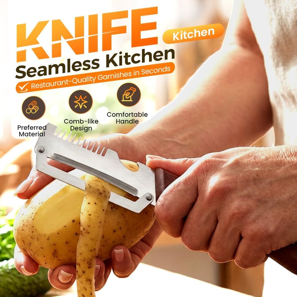 2026New Multi-functional Vegetable Peeler, Ktchen Multi-function Stainless Steel Thickened Fruit Peeler Knife with Wooden Handle, 3-1,Suitable for Peeling Fruits and Shredding Scallions (1PCS) - Image 2