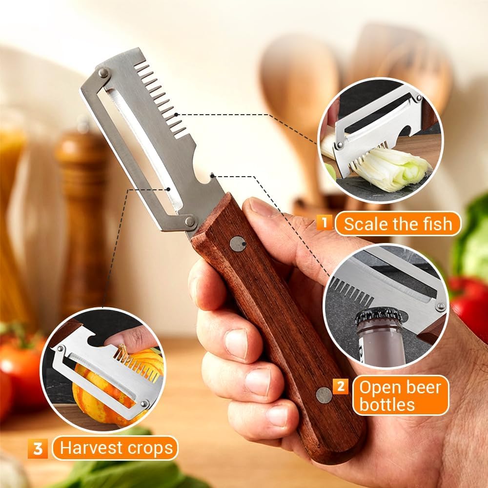2026New Multi-functional Vegetable Peeler, Ktchen Multi-function Stainless Steel Thickened Fruit Peeler Knife with Wooden Handle, 3-1,Suitable for Peeling Fruits and Shredding Scallions (1PCS) - Image 5
