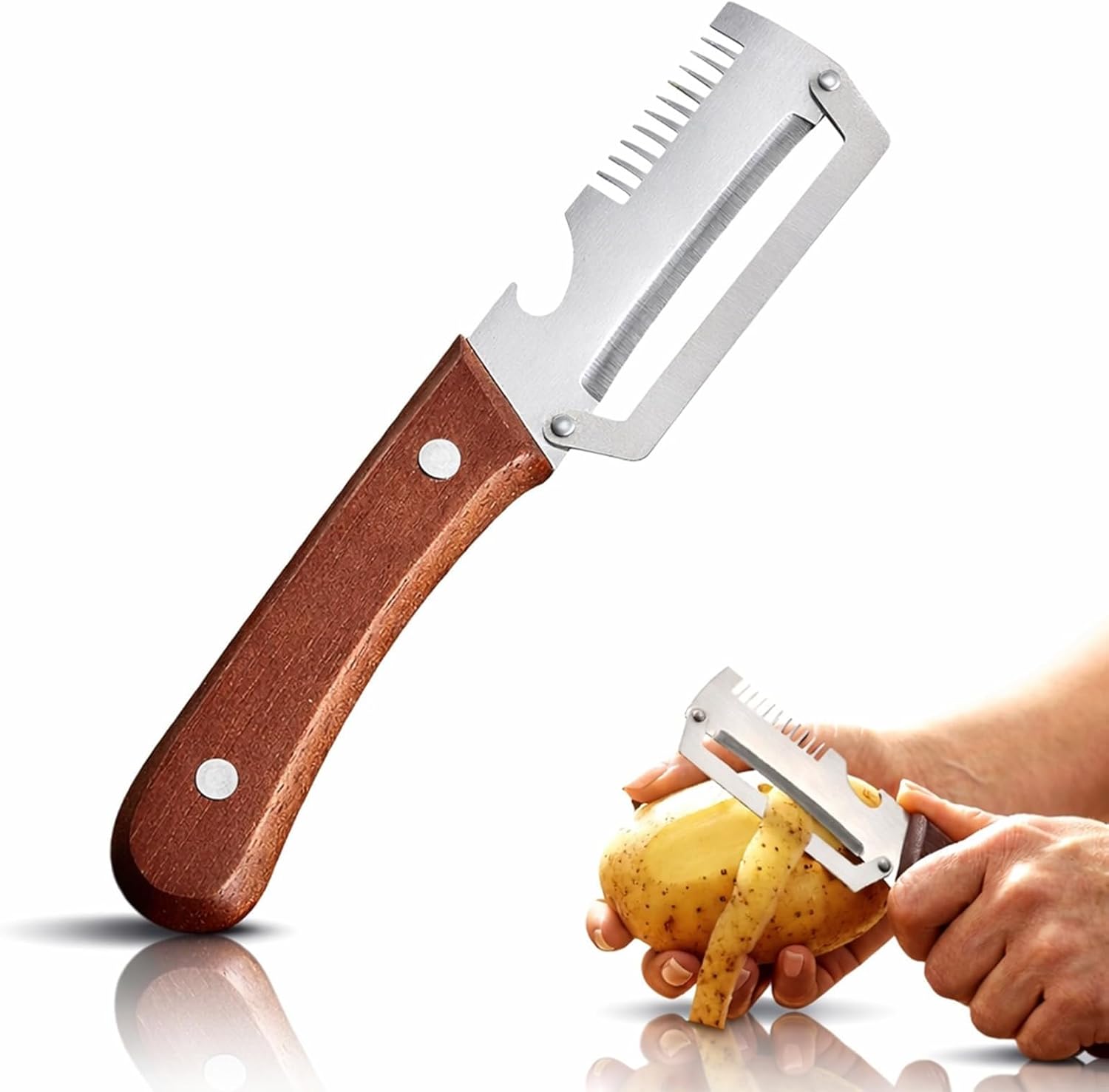 2026New Multi-functional Vegetable Peeler, Ktchen Multi-function Stainless Steel Thickened Fruit Peeler Knife with Wooden Handle, 3-1,Suitable for Peeling Fruits and Shredding Scallions (1PCS)