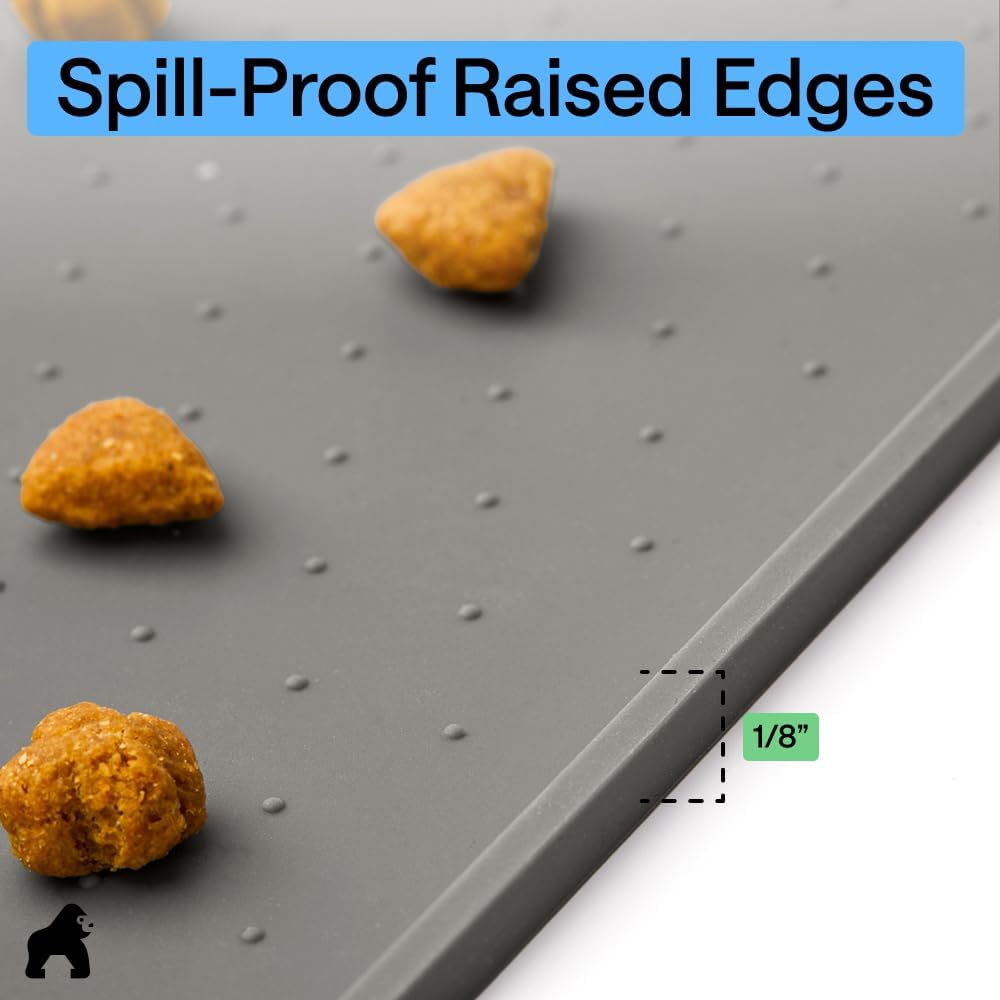 GORILLA GRIP 100% Waterproof Raised Edge BPA Free Silicone Pet Feeding Mat, Dog Cat Food Mats Contain Spills Protects Floors, Placemats for Cats and Dogs Water Bowl, 18.5x11.5, Gray - Image 7