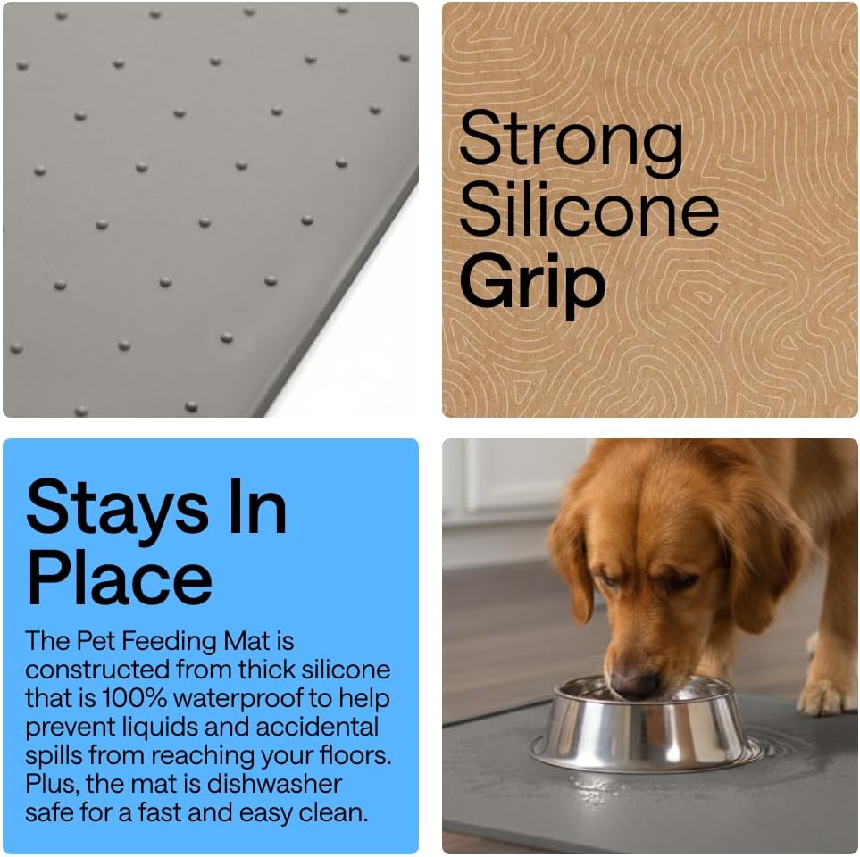 GORILLA GRIP 100% Waterproof Raised Edge BPA Free Silicone Pet Feeding Mat, Dog Cat Food Mats Contain Spills Protects Floors, Placemats for Cats and Dogs Water Bowl, 18.5x11.5, Gray - Image 3