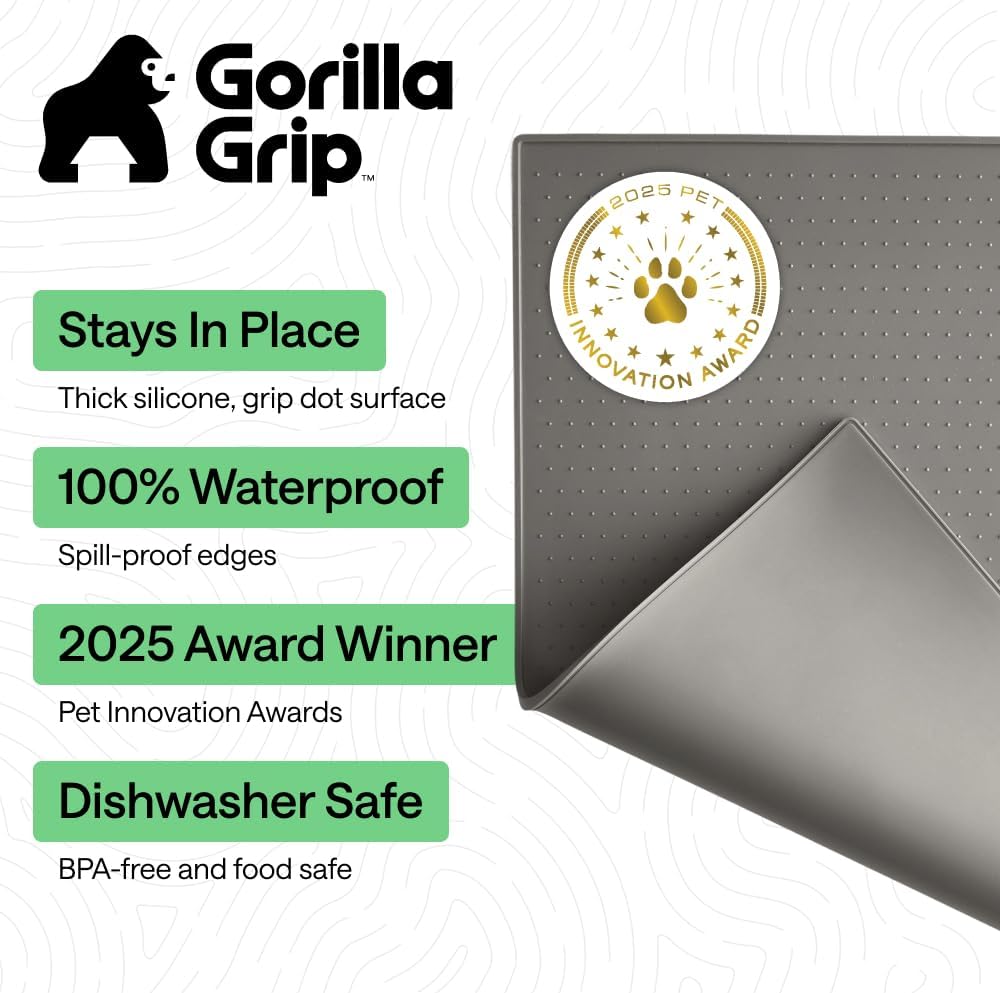 GORILLA GRIP 100% Waterproof Raised Edge BPA Free Silicone Pet Feeding Mat, Dog Cat Food Mats Contain Spills Protects Floors, Placemats for Cats and Dogs Water Bowl, 18.5x11.5, Gray - Image 2