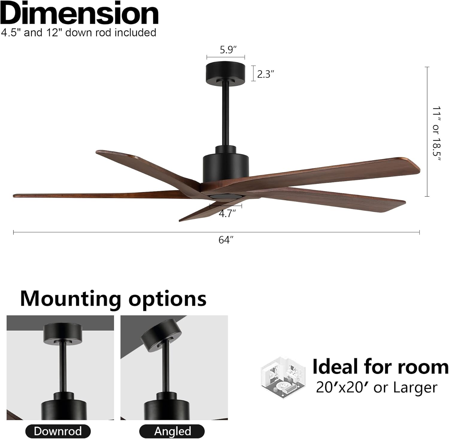 WINGBO 64 Inch DC Ceiling Fan without Lights, 5 Reversible Carved Solid Wood Blades, 6-Speed Noiseless DC Motor, Ceiling Fan No Light with Remote, Matte Black Finish with Walnut Blades, ETL Listed - Image 3