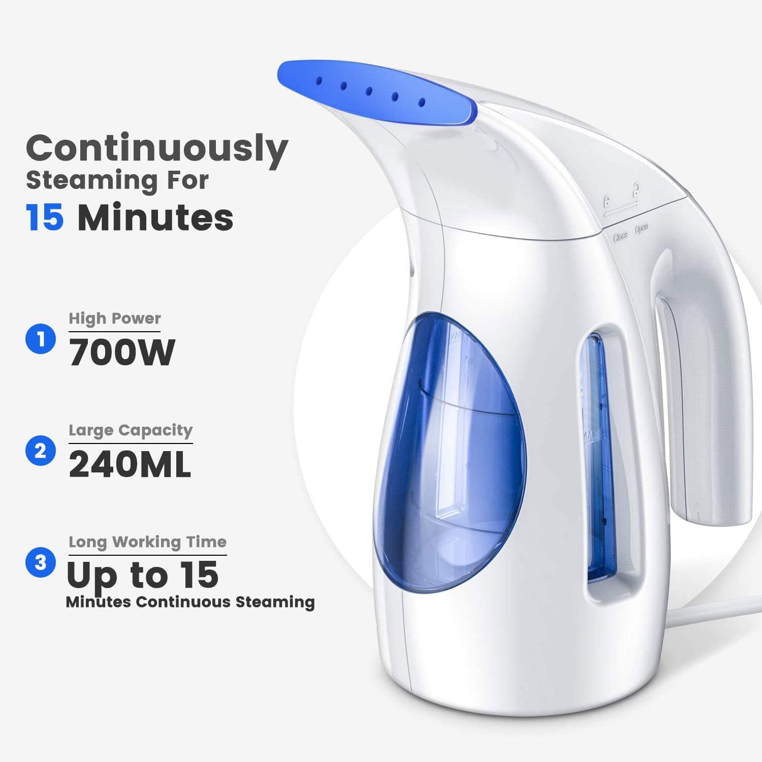 HiLIFE Steamer for Clothes, Portable Handheld Clothing Steamer, 240ml Big Capacity, 700W, Strong Power, Fabric Quick Wrinkle Remover with Brush for Home, Office(ONLY 120V) -Blue - Image 2