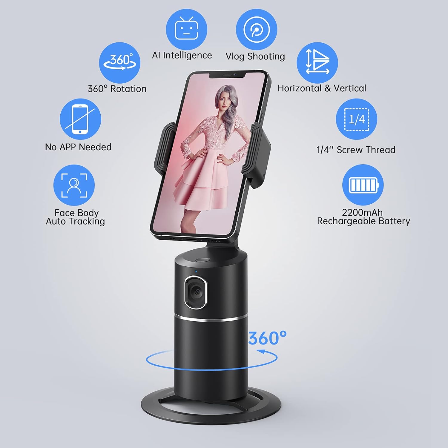 camrola Auto Face Tracking Phone Holder, No App Required, 360° Rotation Face Body Phone Tracking Tripod Smart Shooting Camera Mount for Live Vlog Streaming Video, Rechargeable Battery-Black - Image 2