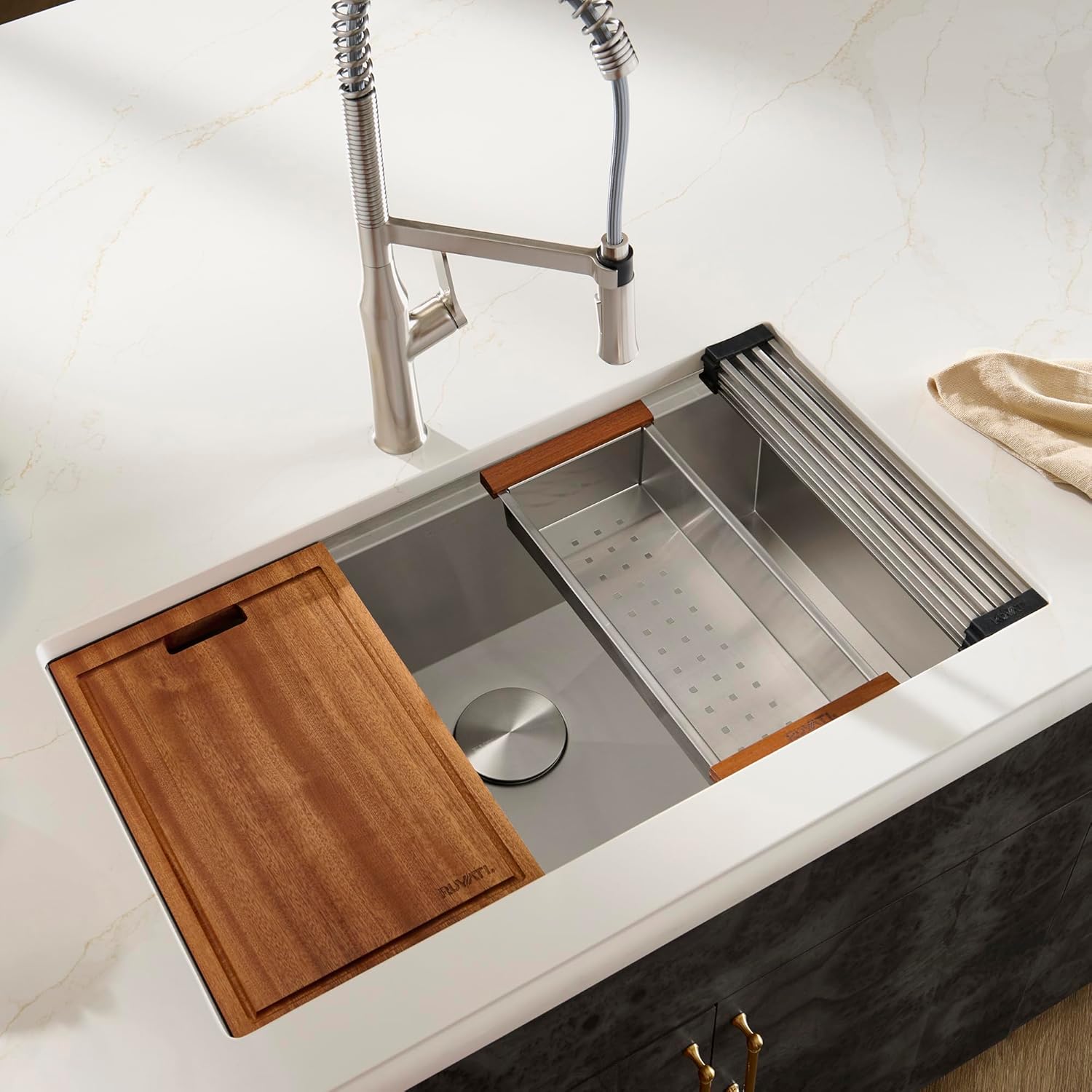 Ruvati 32-inch Undermount 16 Gauge Stainless Steel Workstation Kitchen Sink Single Bowl – Soundproof Multifunction Chef Sink with Cutting Board & Accessories, Brushed Finish Hides Scratches – RVH8300 - Image 2