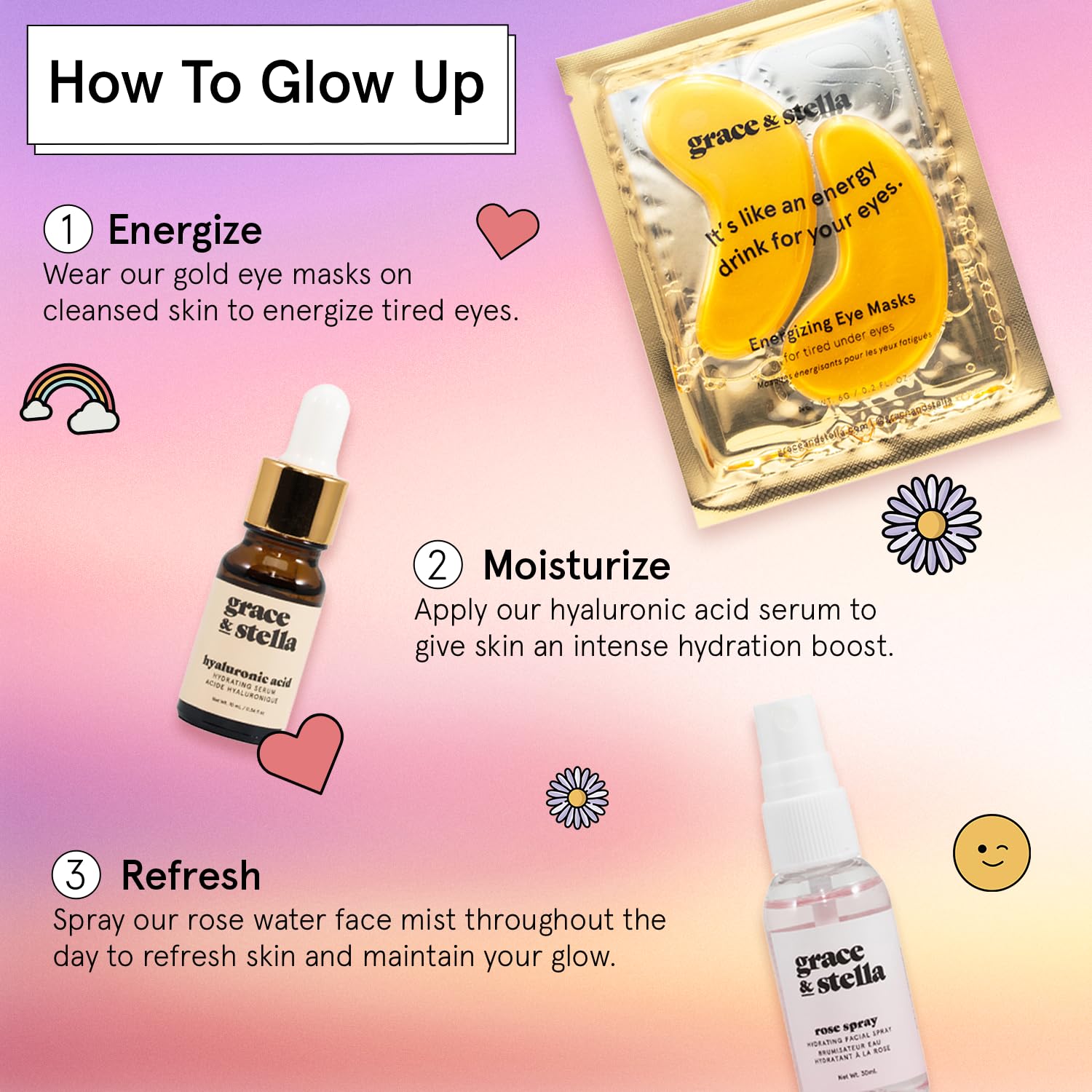 grace & stella Award-Winning Skin Care Set - Gifts for Women - Travel Essentials with Gold Eye Masks, Hyaluronic Acid Serum & Rose Spray, Beauty Gift Set - Birthday & Bachelorette Favors - Image 9