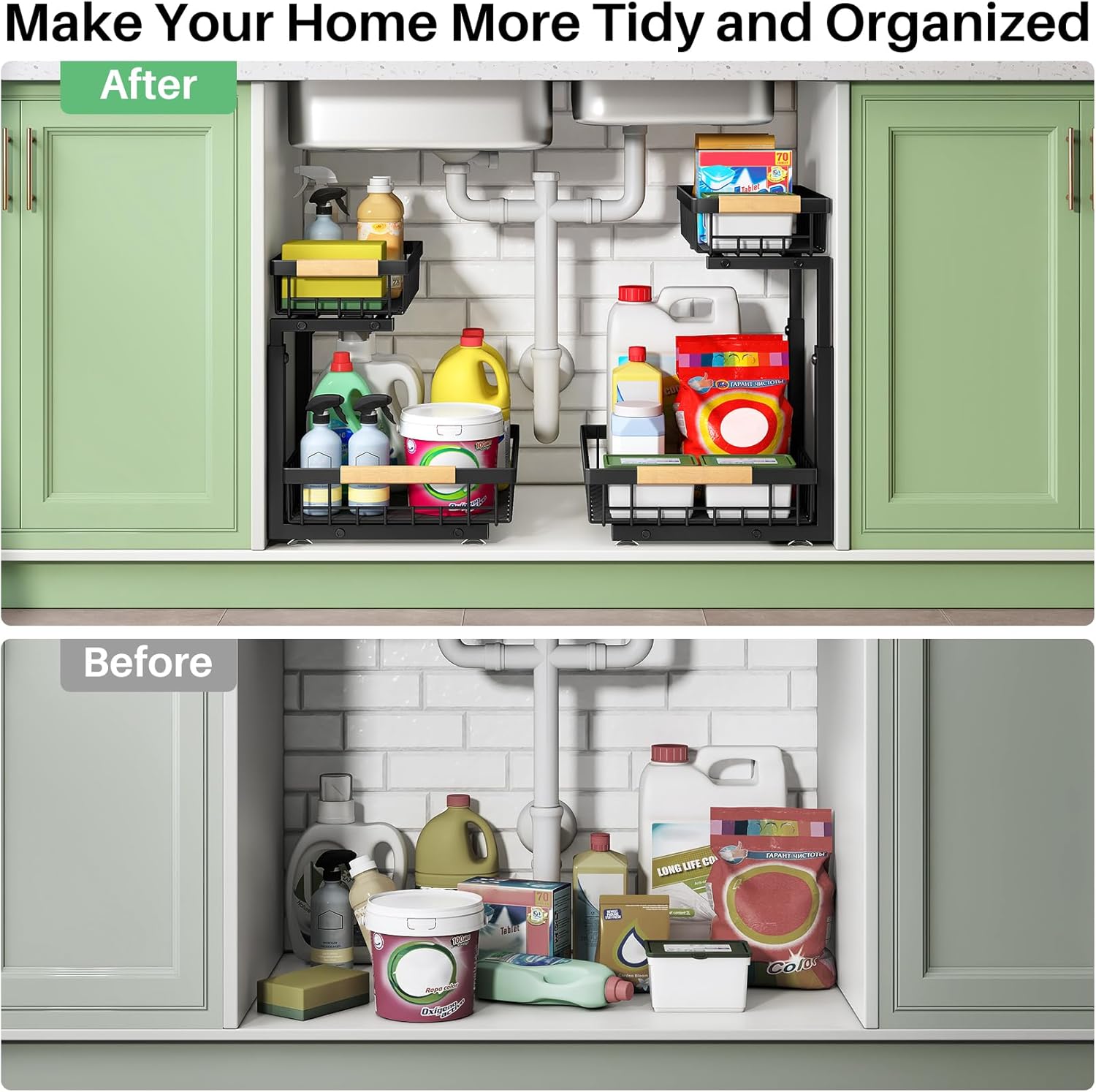 Kitstorack Under Sink Organizer, 2 Tier Under the Sink Storage, Slide out Pull out Cabinet Organizer Shelf, Metal Sliding Drawer for Kitchen Bathroom Pantry Closet Organization Rack, Black, 2 Pack - Image 8