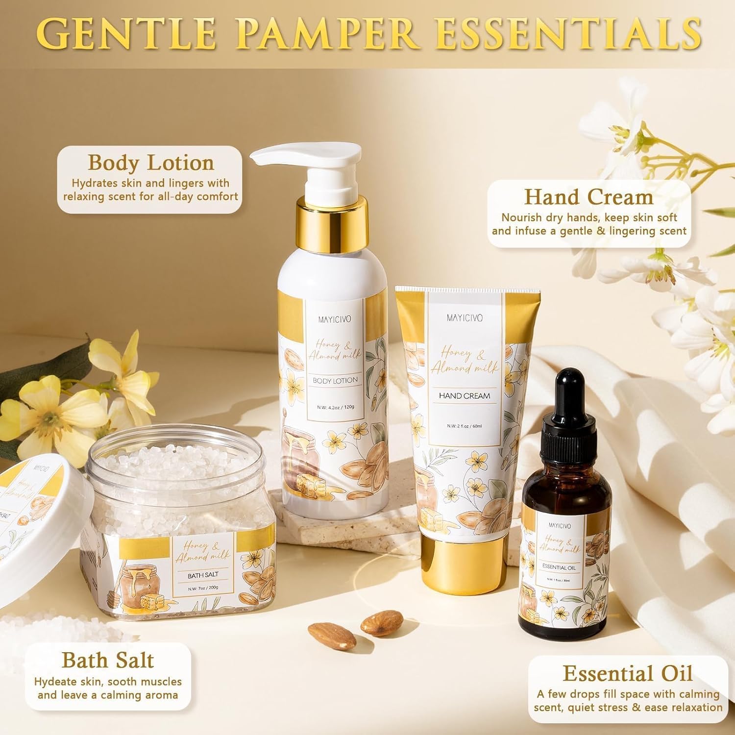 Mothers Day Birthday Gifts for Women, Honey & Almond Milk Relaxing Spa Gift Baskets for Women Self Care Package Bath Gift Set, Home Bath and Body Kit Pamper Gifts for Womens Her Mom Friends Sister - Image 5