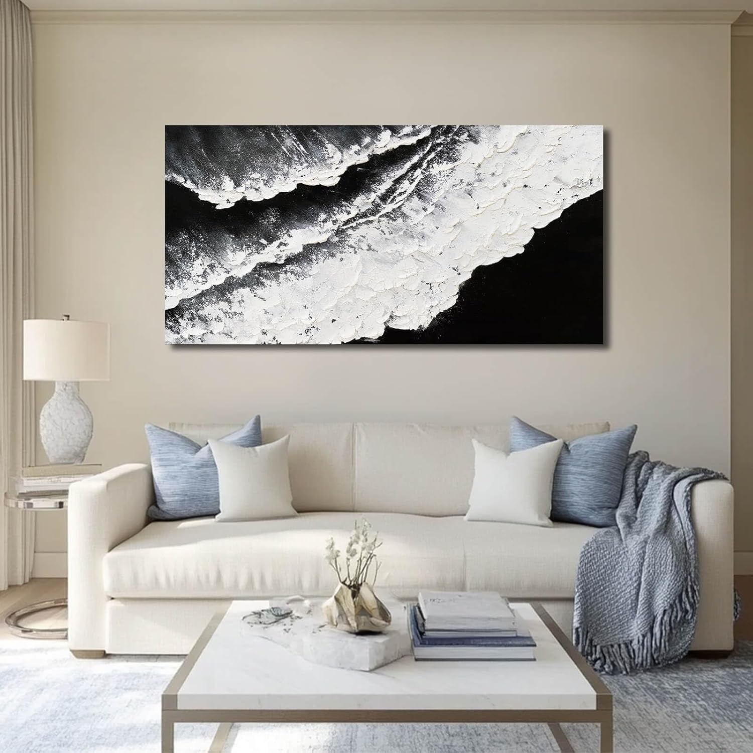 NBAODAN Black and White Wall Decor Sea Canvas Painting Neutral Abstract Wall Picture 24"x48" Artwork for Bedroom Large Wall Art for Living Room Dining Room - Image 2