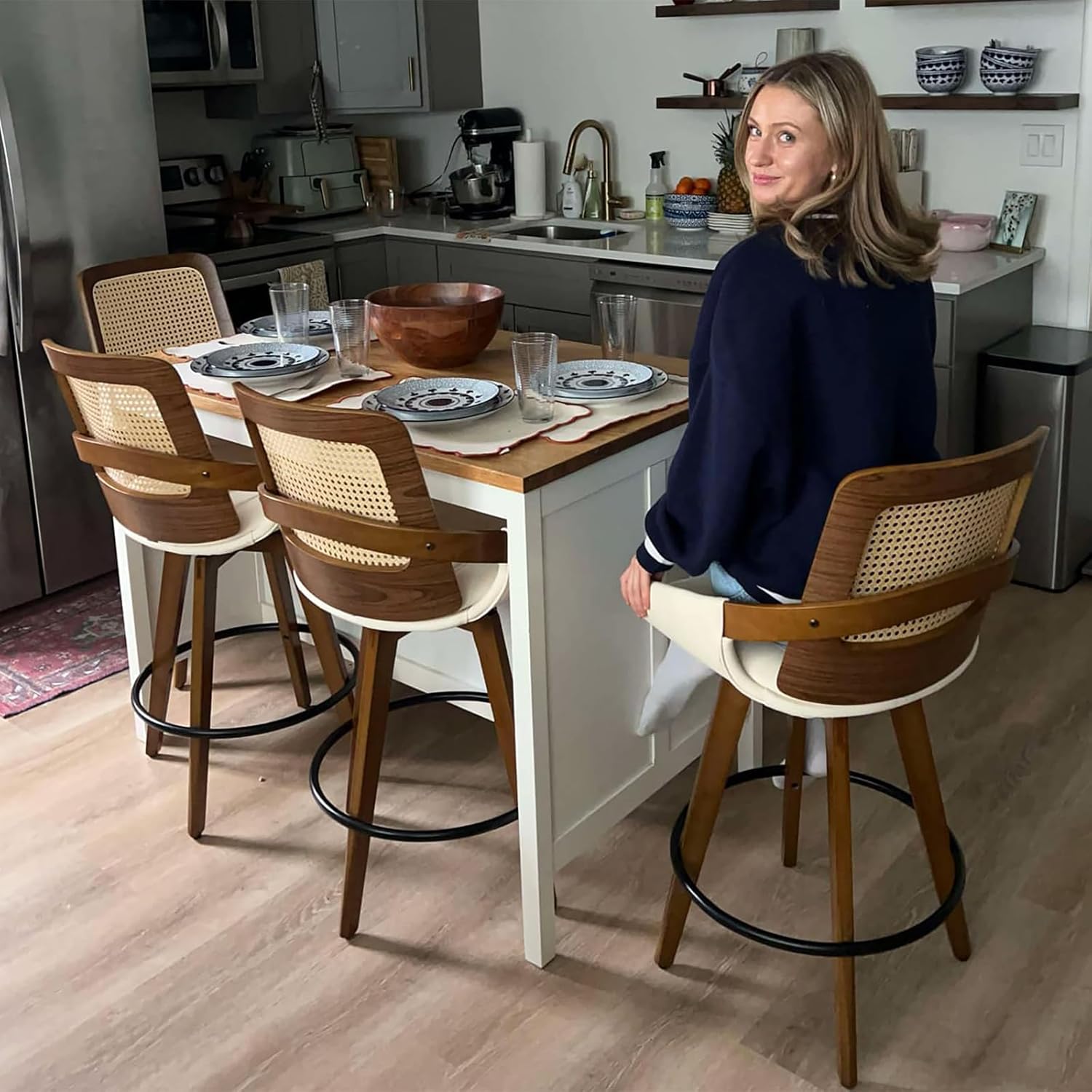 Set of 2 Mid Century Modern Counter Stools - 26.4 inch Rattan Swivel Counter Stools with Cane Back, Upholstered Faux Leather, Walnut Craftsmanship, Ideal for Island/Pub/Kitchen(26" Seat Height, Beige) - Image 5