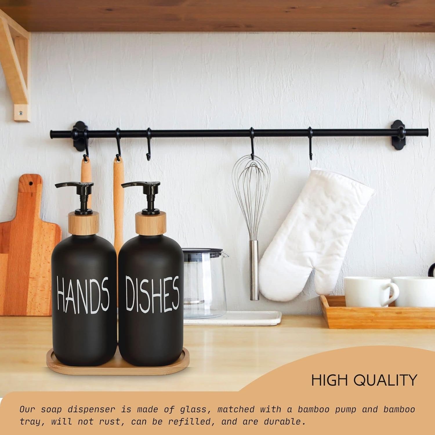 Glass Soap Dispenser Set. Hand and Dish with Bamboo Tray. Vintage Pump for Kitchen Drain Outlet Bathroom. Stylish Permanent Labels (Matte Black) - Image 4