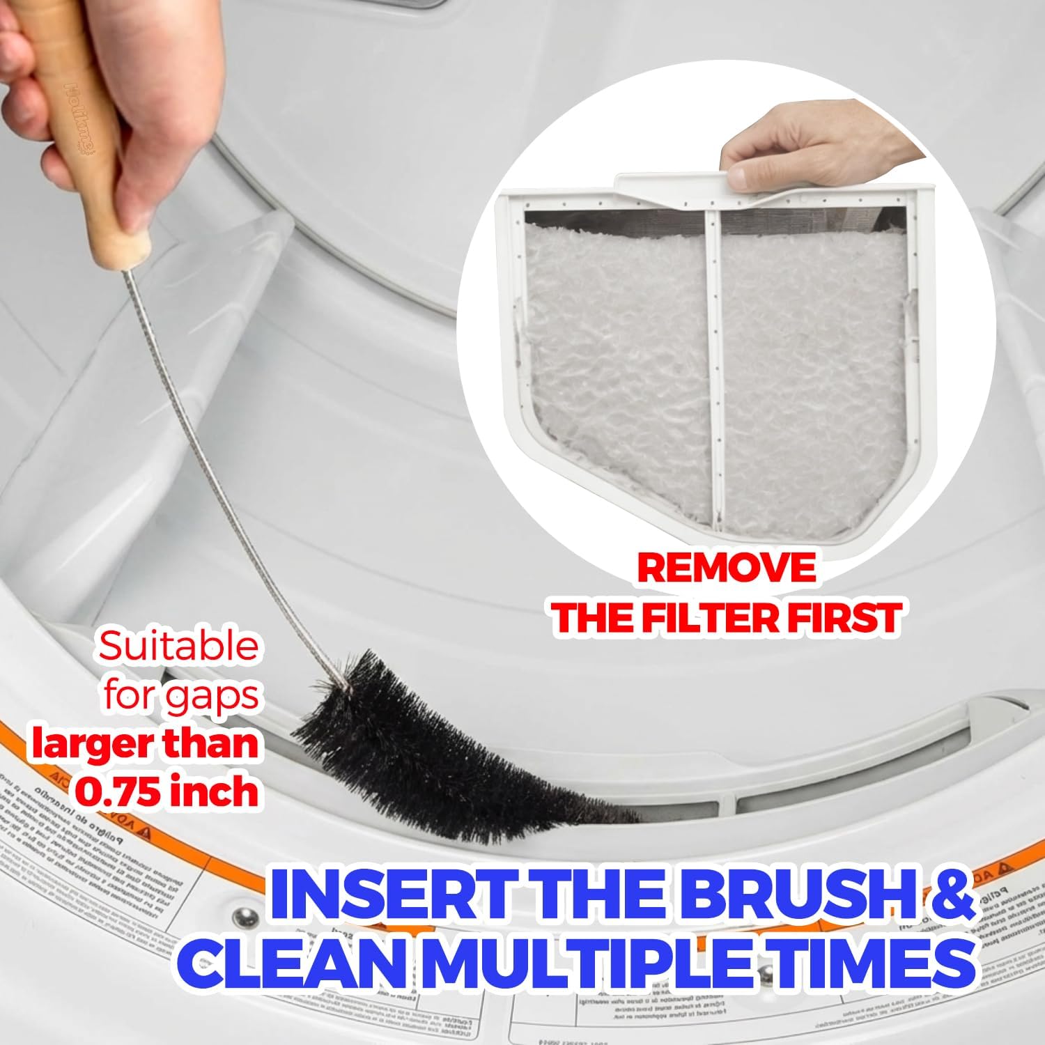 Holikme 3 Pcs Dryer Vent Cleaner Kit, 304 Stainless Steel Replacement Lint Brush for Clothes Dryer Vent Trap, Cleaning Brush & Flexible Crevice Tool - Image 2