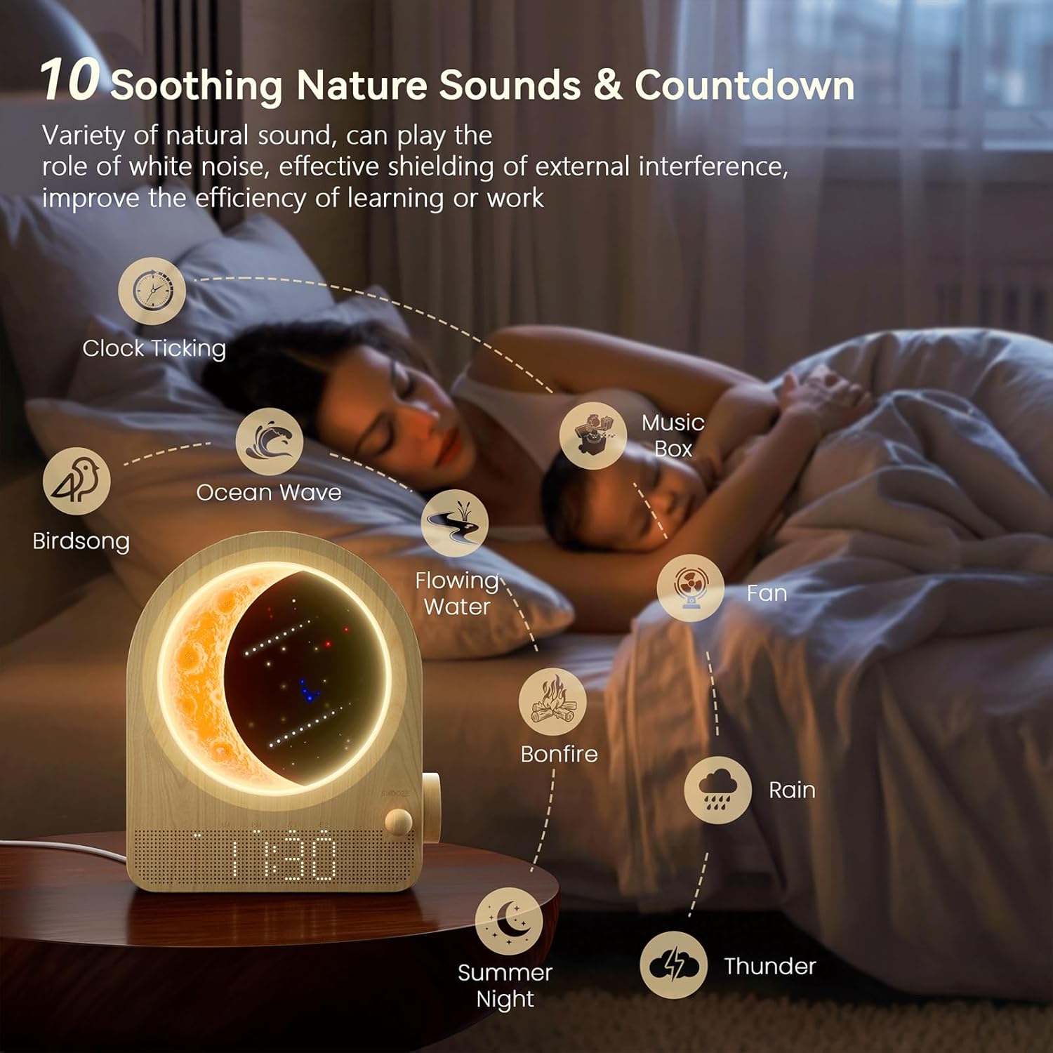 blonbar Sunrise Alarm Clocks for Bedrooms, Stepless Dimmable Moon Lamp Dual Alarm Clock with 12Levels Volume for Heavy Sleepers, 10 Natural Sounds with 30/60/90mins Timer, Gifts for Women - Image 8