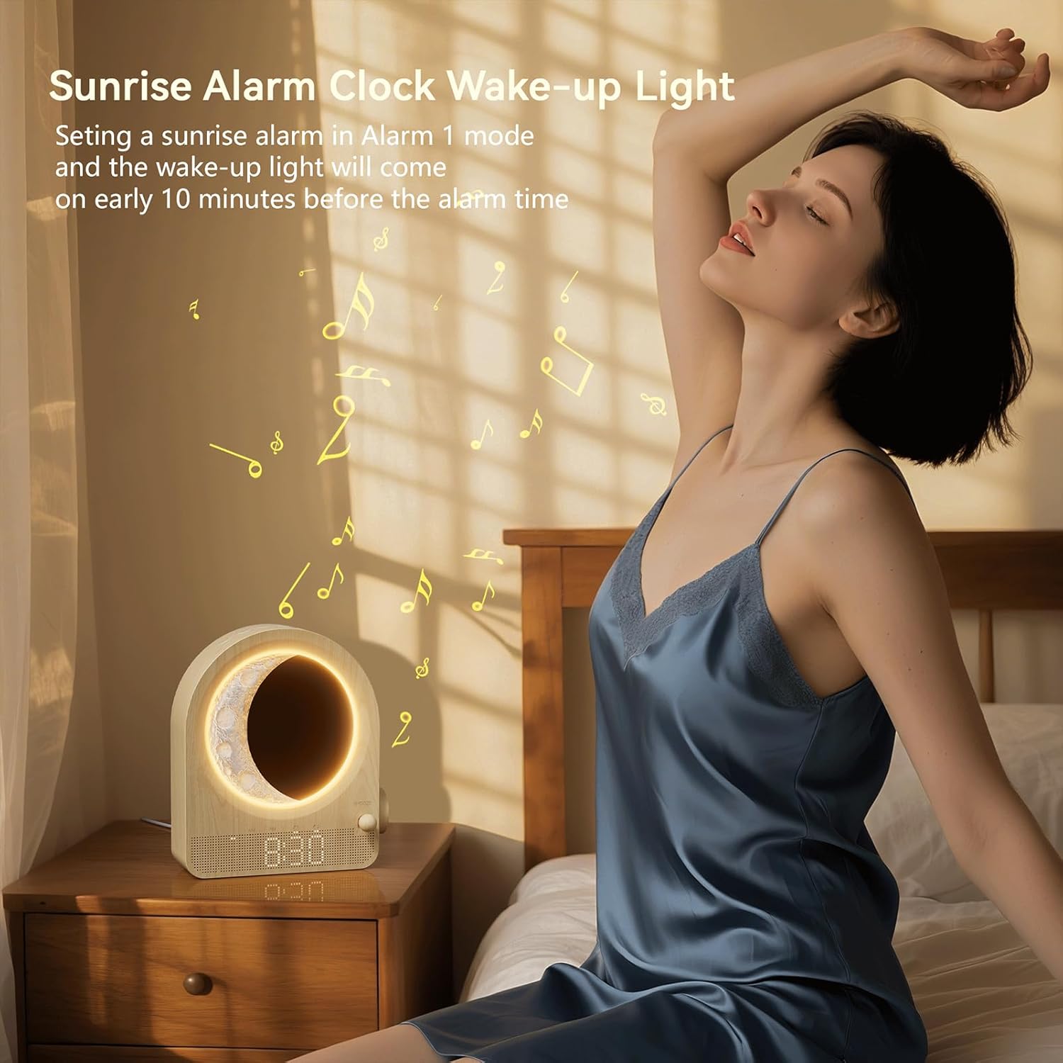 blonbar Sunrise Alarm Clocks for Bedrooms, Stepless Dimmable Moon Lamp Dual Alarm Clock with 12Levels Volume for Heavy Sleepers, 10 Natural Sounds with 30/60/90mins Timer, Gifts for Women - Image 4