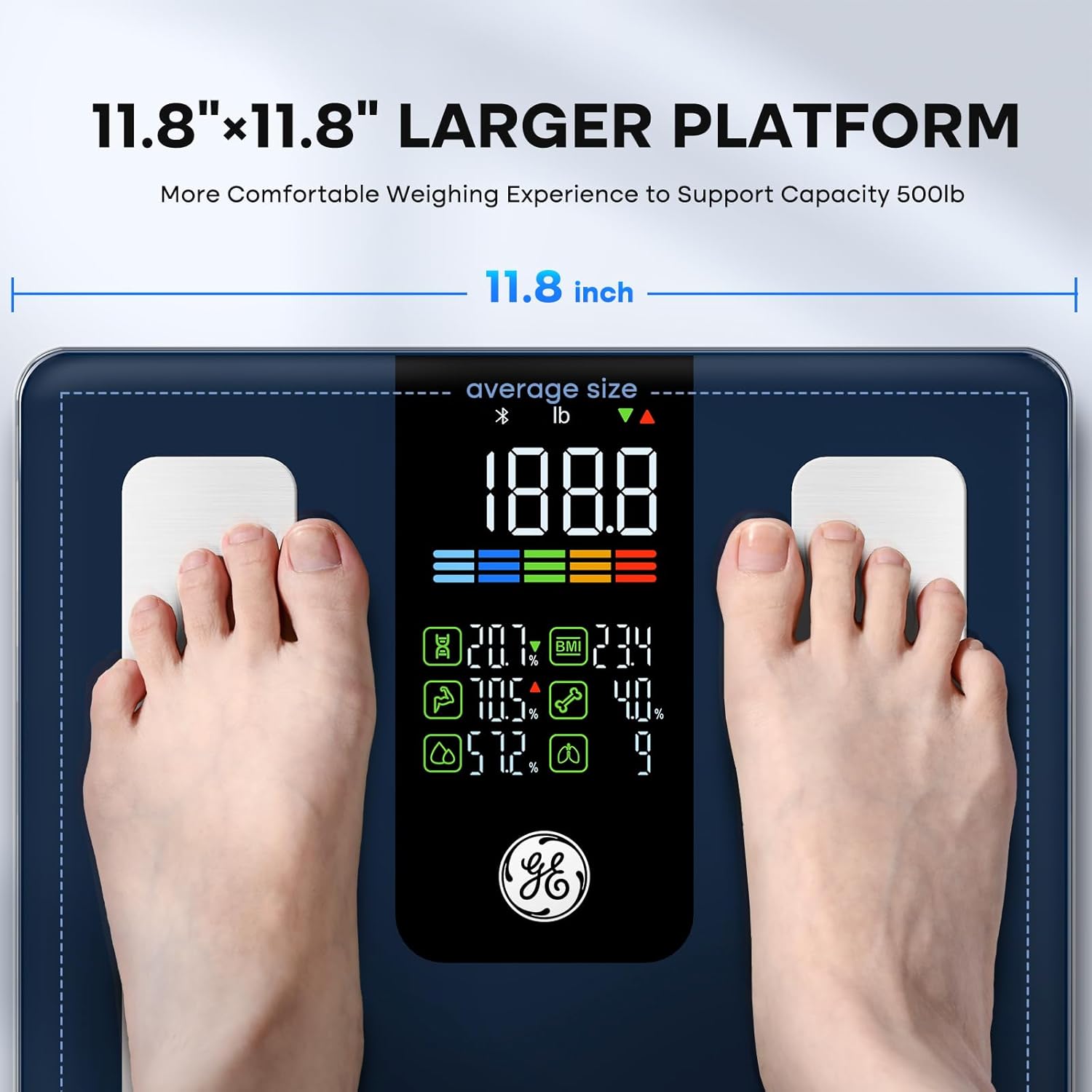 GE Smart Scale for Body Weight, BMI, Fat, Muscle Mass, Digital Bathroom Scales 500lbs Bluetooth 11.8" Large Platform Weighing Machine Health Monitor with App, Dark Blue - Image 3