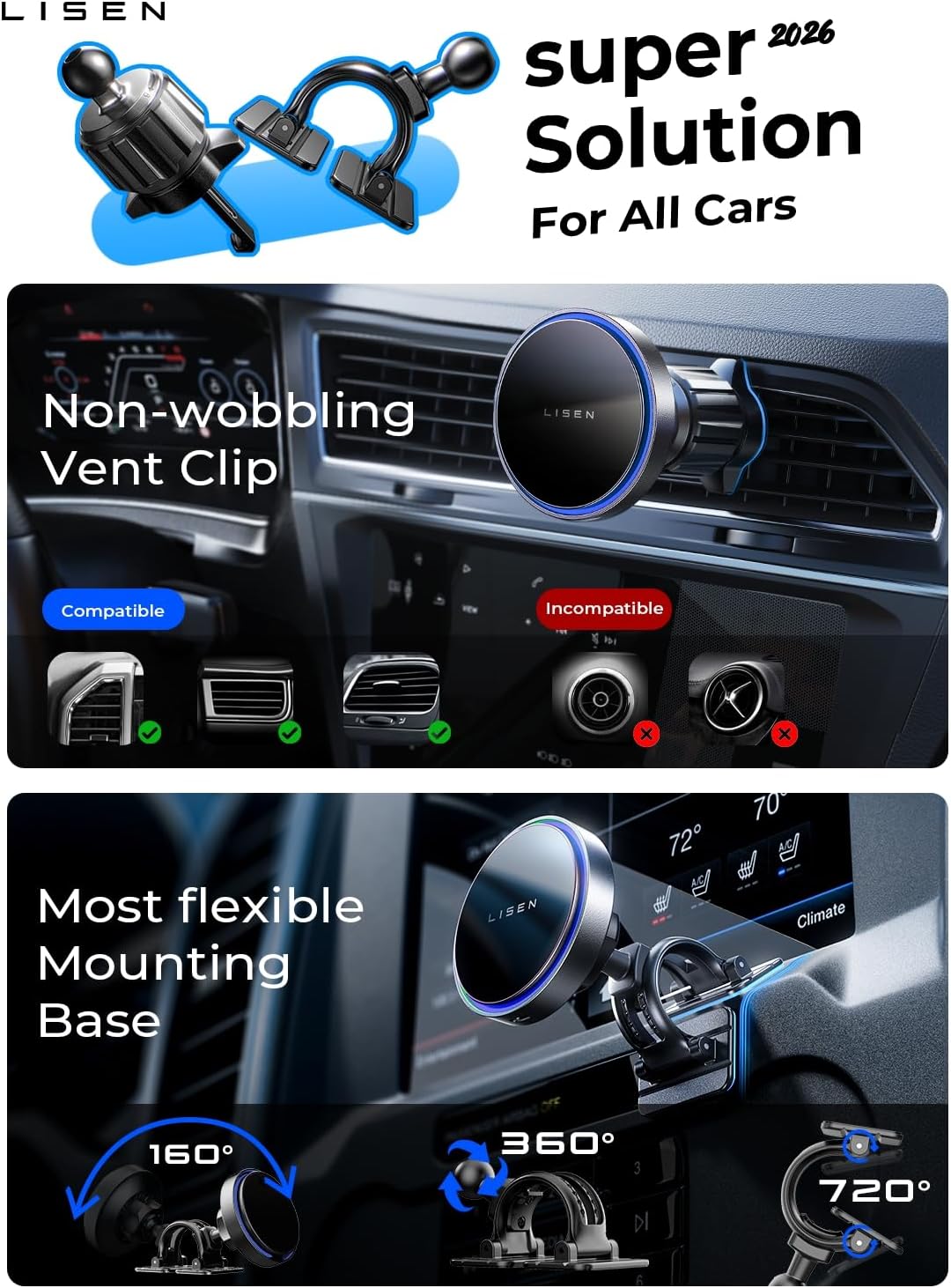 LISEN for 15W MagSafe Car Mount Charger,Magnetic Wireless Car Charger for iPhone 17 Pro Max Accessories,Magnetic Phone Holder for iPhone 17-12,Samsung,Pixel 9,Jeep Ford F150 Accessories,Gifts - Image 2