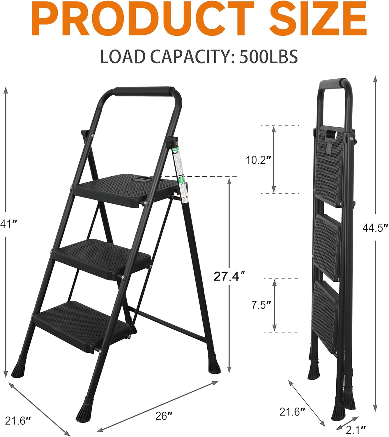 3 Step Ladder, Folding Step Stool with Wide Anti-Slip Pedals, Sturdy Steel Ladder with Handrail, Space-Saving, Portable for Home & Adults - Image 4