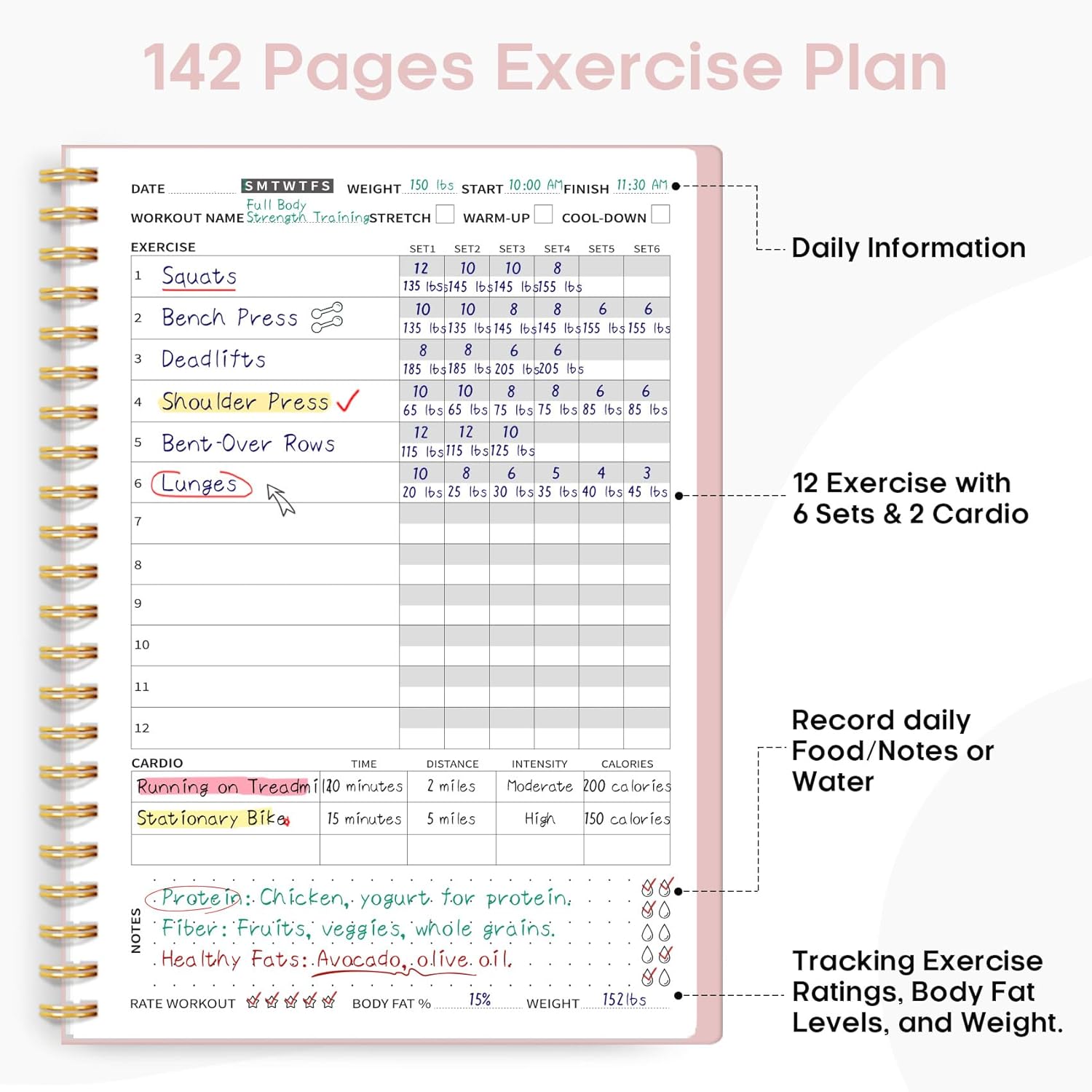 Fitness Workout Journal for Women & Men, A5(5.5" x 8.2") Workout Log Book Planner for Tracking, Progress, and Achieving Your Wellness Goals-Pink - Image 2