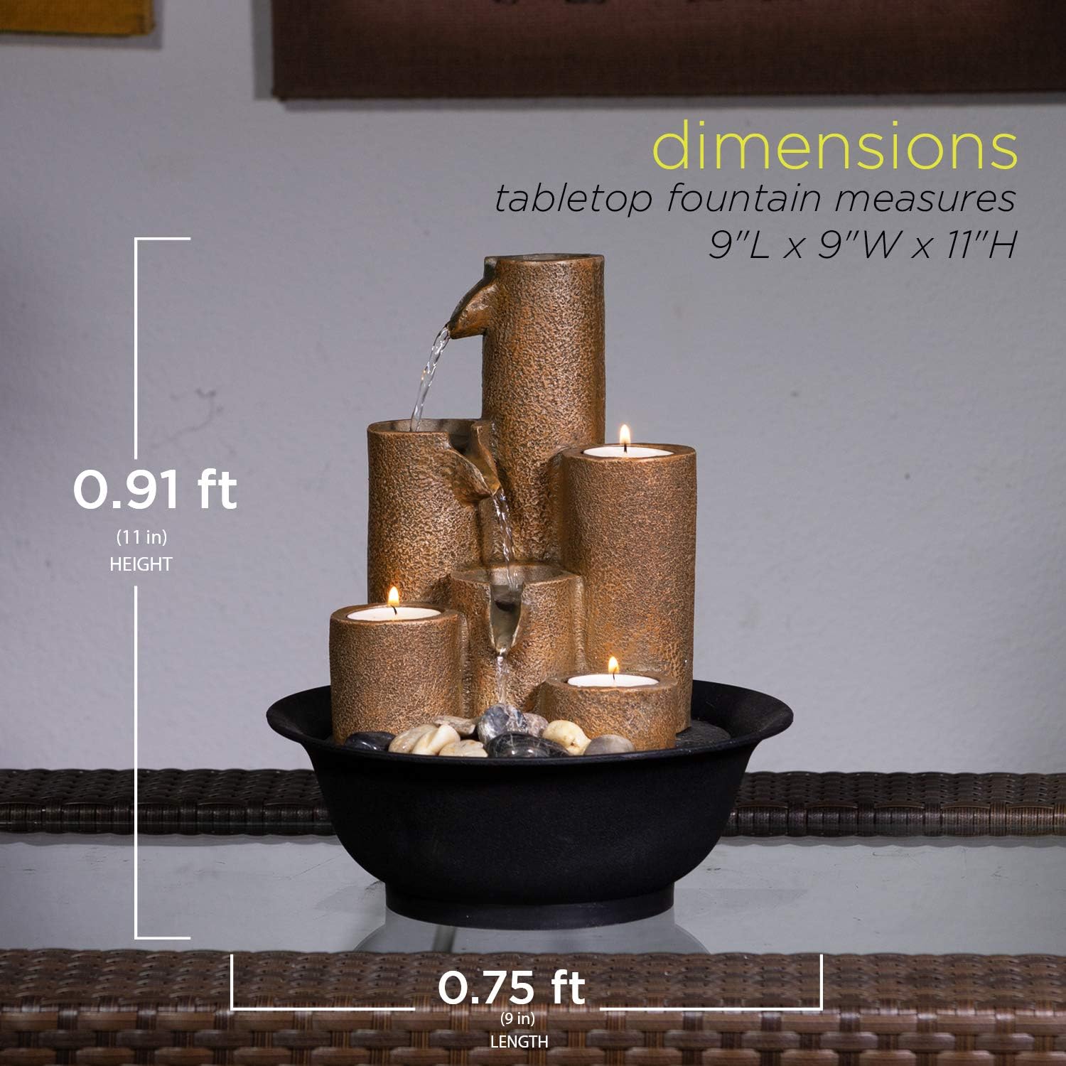 Alpine Corporation WCT202 Indoor Tabletop Tiered Water Fountain Featuring 3 Candles for Desktop and Table, 11", Brown - Image 6
