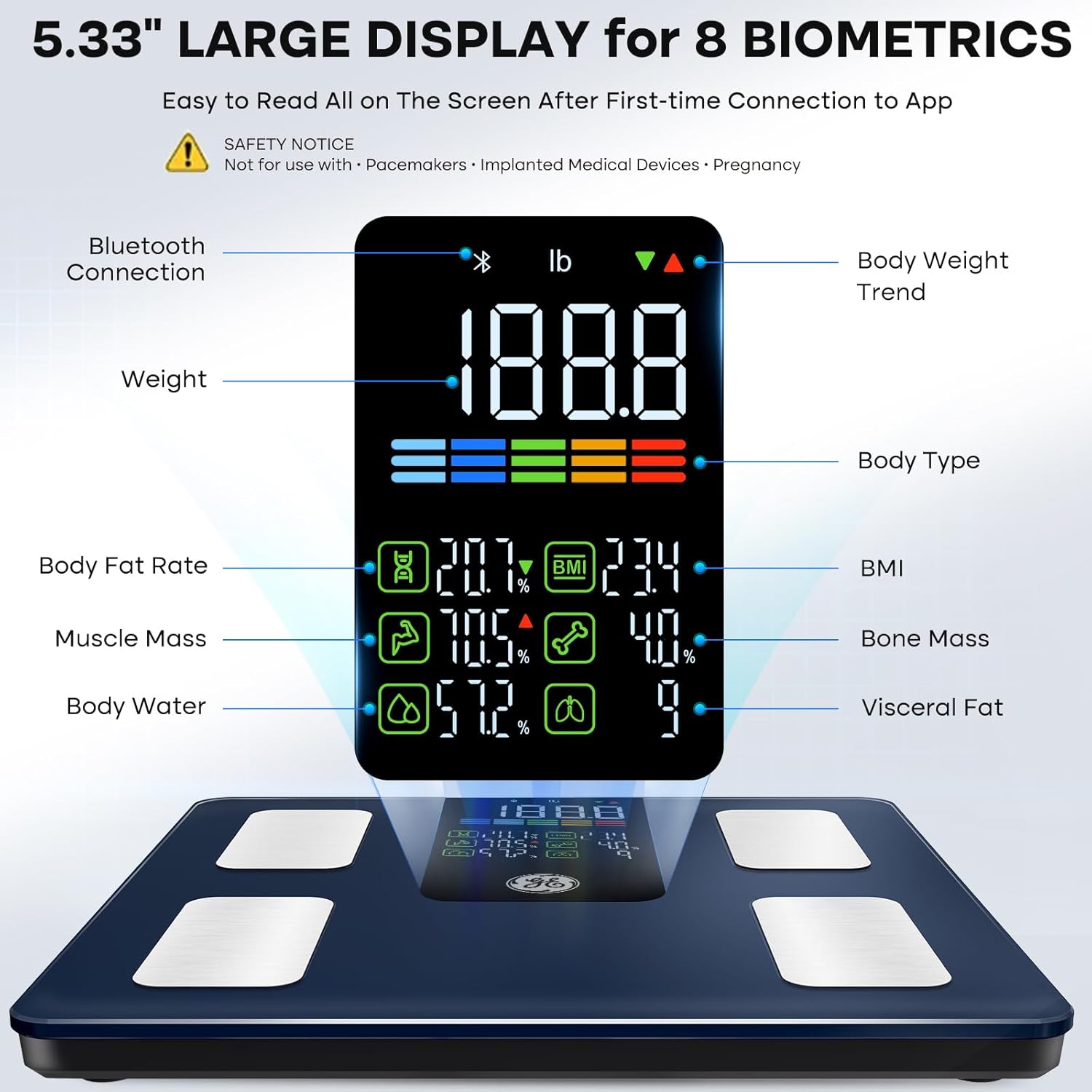 GE Smart Scale for Body Weight, BMI, Fat, Muscle Mass, Digital Bathroom Scales 500lbs Bluetooth 11.8" Large Platform Weighing Machine Health Monitor with App, Dark Blue - Image 2