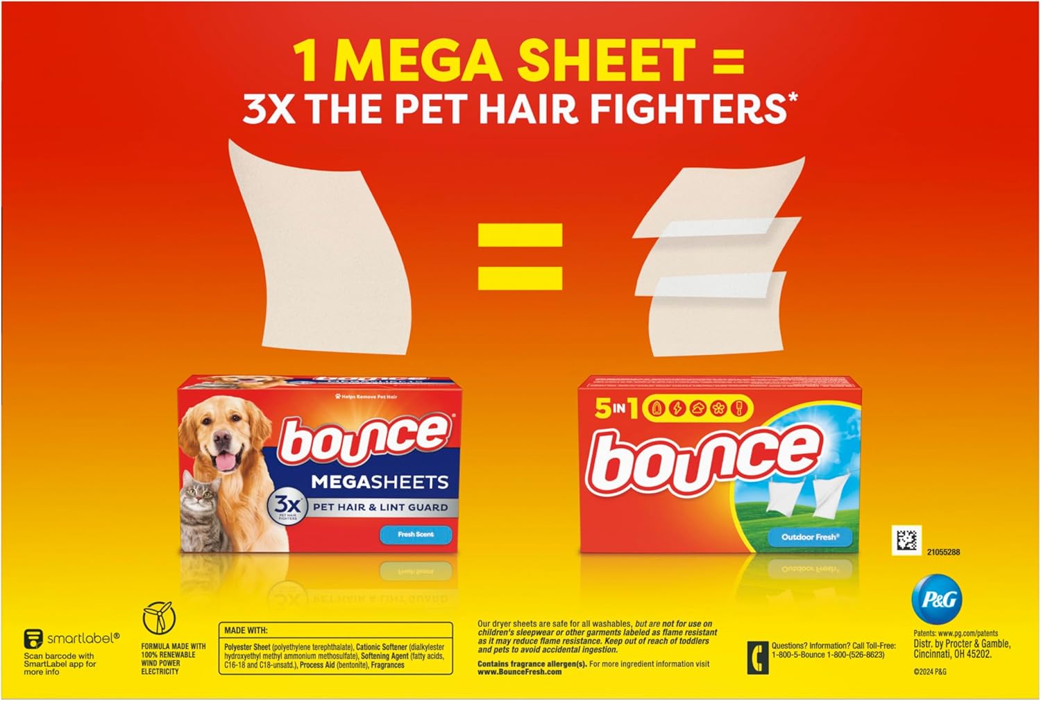 Bounce Pet Hair and Lint Guard Mega Dryer Sheets with 3X Pet Hair Fighters, Fresh Scent, 180 Count - Image 8