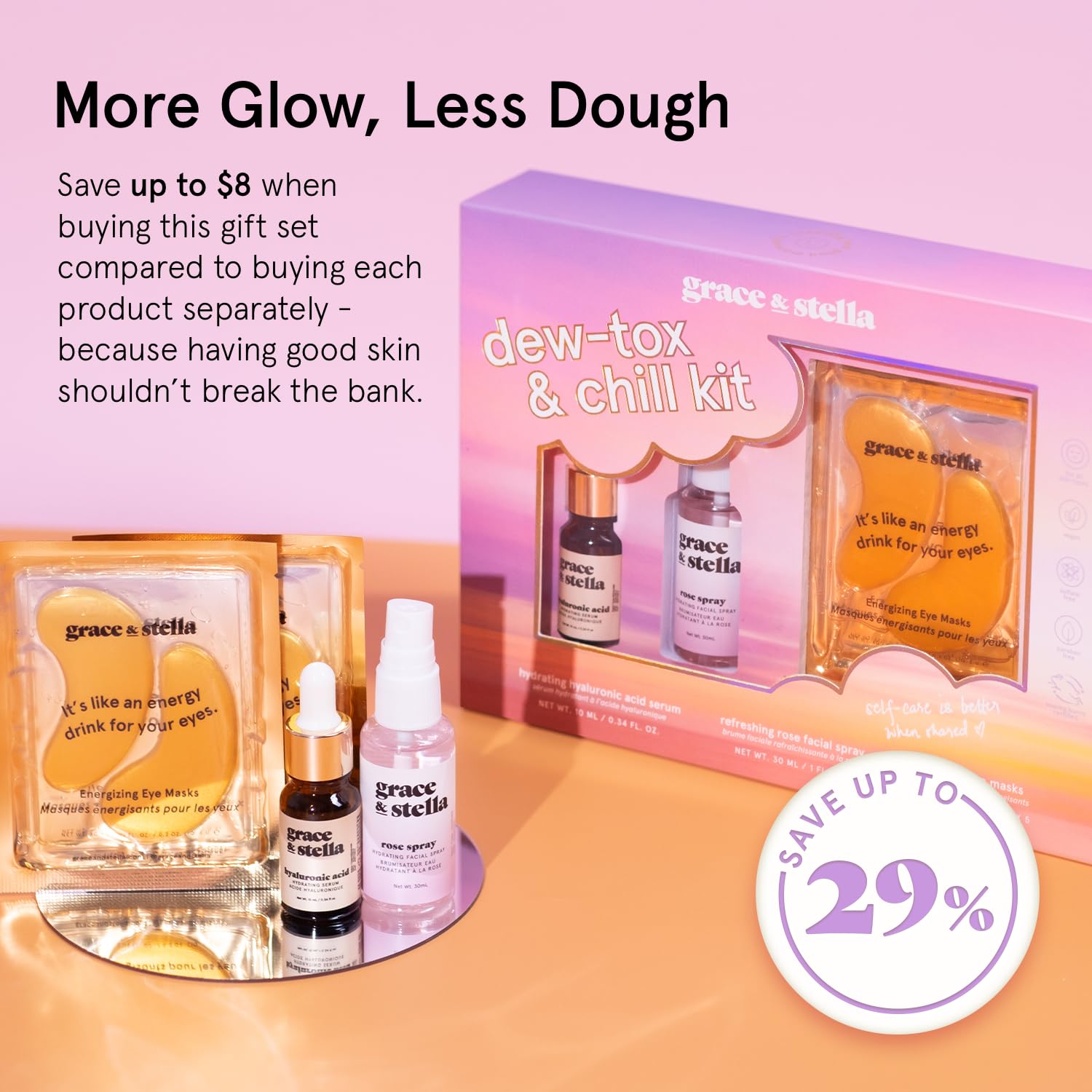grace & stella Award-Winning Skin Care Set - Gifts for Women - Travel Essentials with Gold Eye Masks, Hyaluronic Acid Serum & Rose Spray, Beauty Gift Set - Birthday & Bachelorette Favors - Image 3