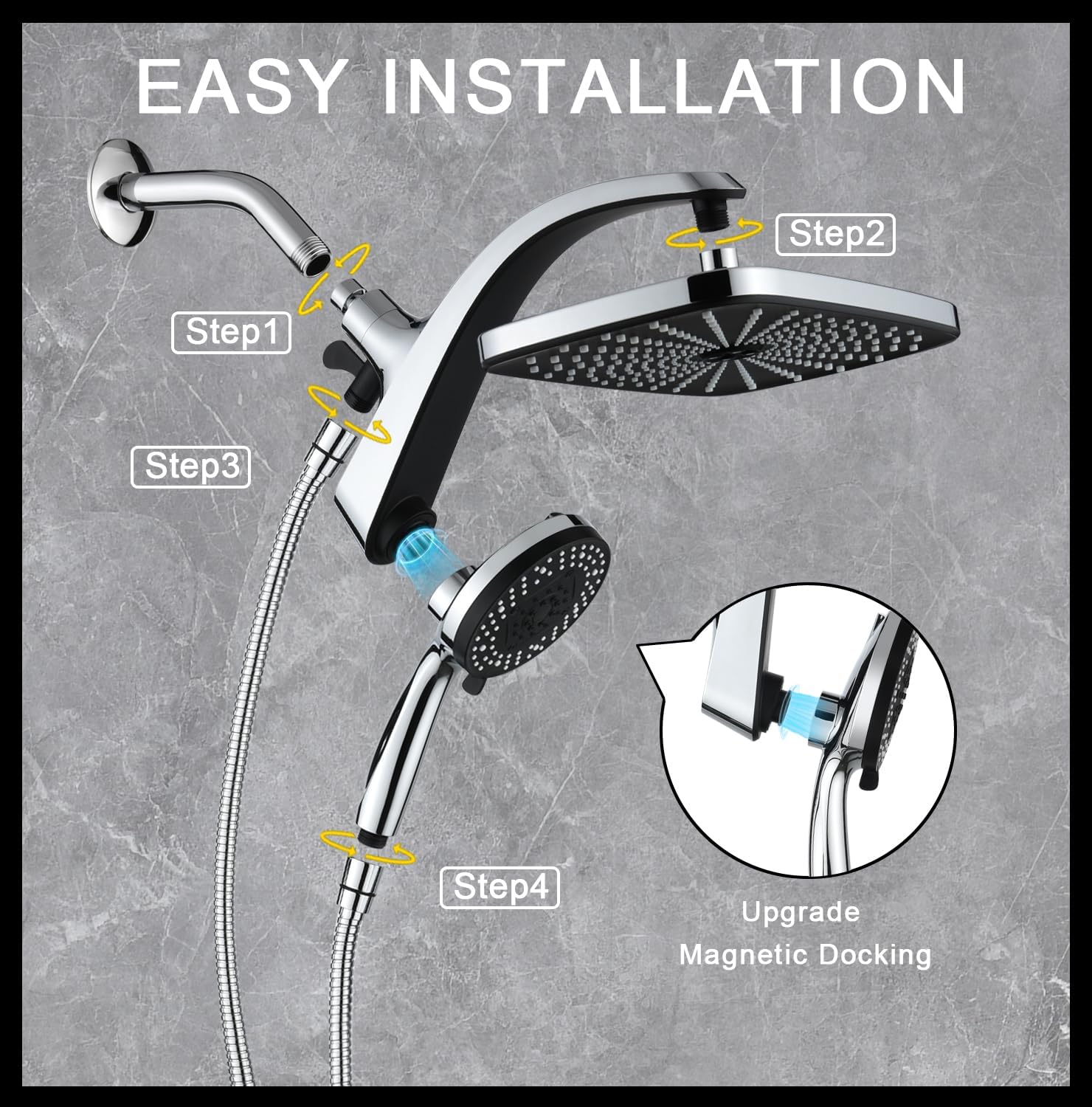 High Pressure Rain Shower Head: Upgrade Shower Heads with Handheld Spray Combo with Fixed Showerhead and 10 Sprays Handheld Shower Head, Detachable Shower head Built-in Magnetic Docking and Power Jets - Image 7