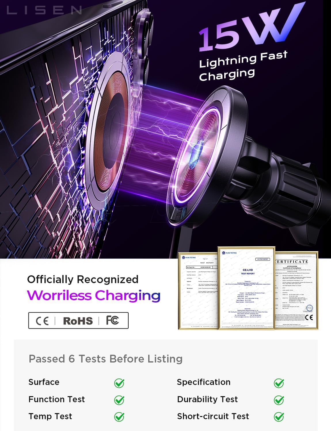 LISEN for 15W MagSafe Car Mount Charger,Magnetic Wireless Car Charger for iPhone 17 Pro Max Accessories,Magnetic Phone Holder for iPhone 17-12,Samsung,Pixel 9,Jeep Ford F150 Accessories,Gifts - Image 4