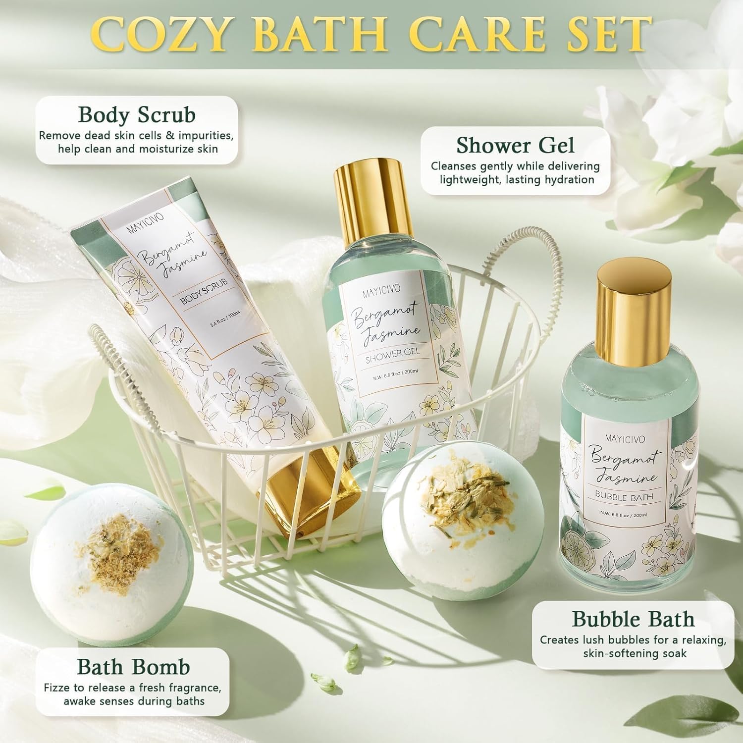 Mothers Day Birthday Gifts for Women, Bergamot Jasmine Relaxing Spa Gift Baskets for Women Self Care Package Bath Gift Set, Home Bath and Body Kit Pampering Gifts for Womens Her Mom Friend Sister Wife - Image 4