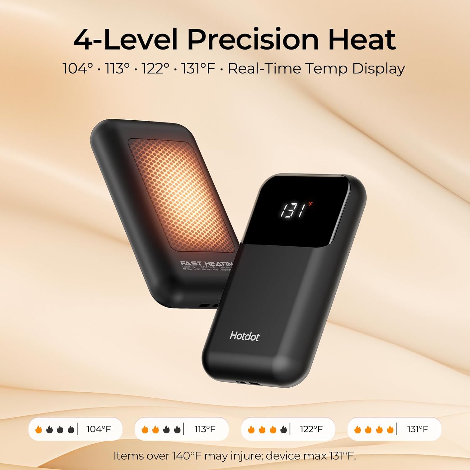 Hotdot Hand Warmers Rechargeable 2 Pack, 4 Heat Levels (104–131°F), Real-Time Temp & Battery Display, Electric Hand Warmers, Fast Heating, Fits in Gloves/Pocket, Gifts for Women & Men - Image 4