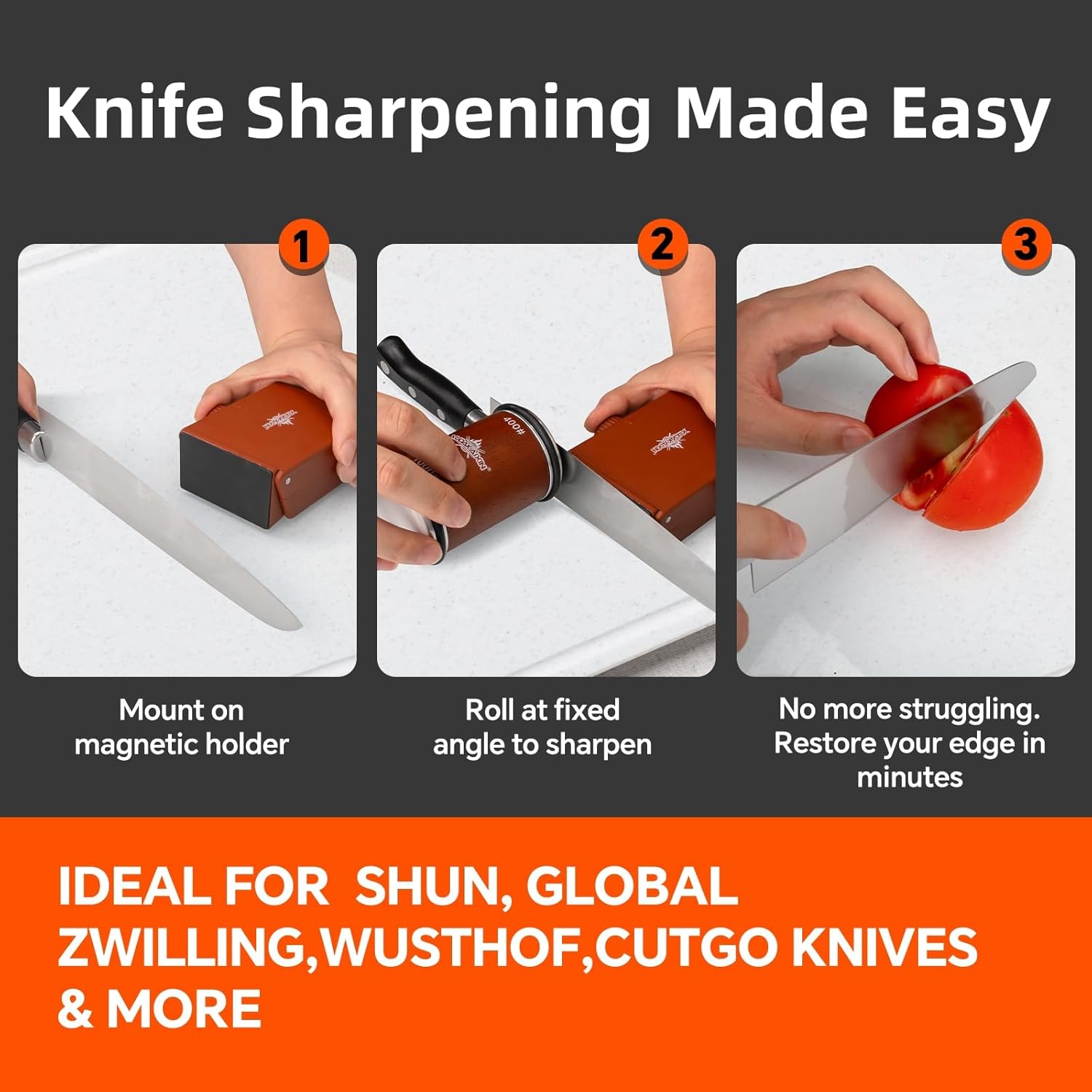 The Innovative Knife Sharpener - Patented Multi-Angle Premium Rolling Knife Sharpener with Extra Replacement Head for Chef's, Fruit, and All Steel Knives (Brown) - Image 2