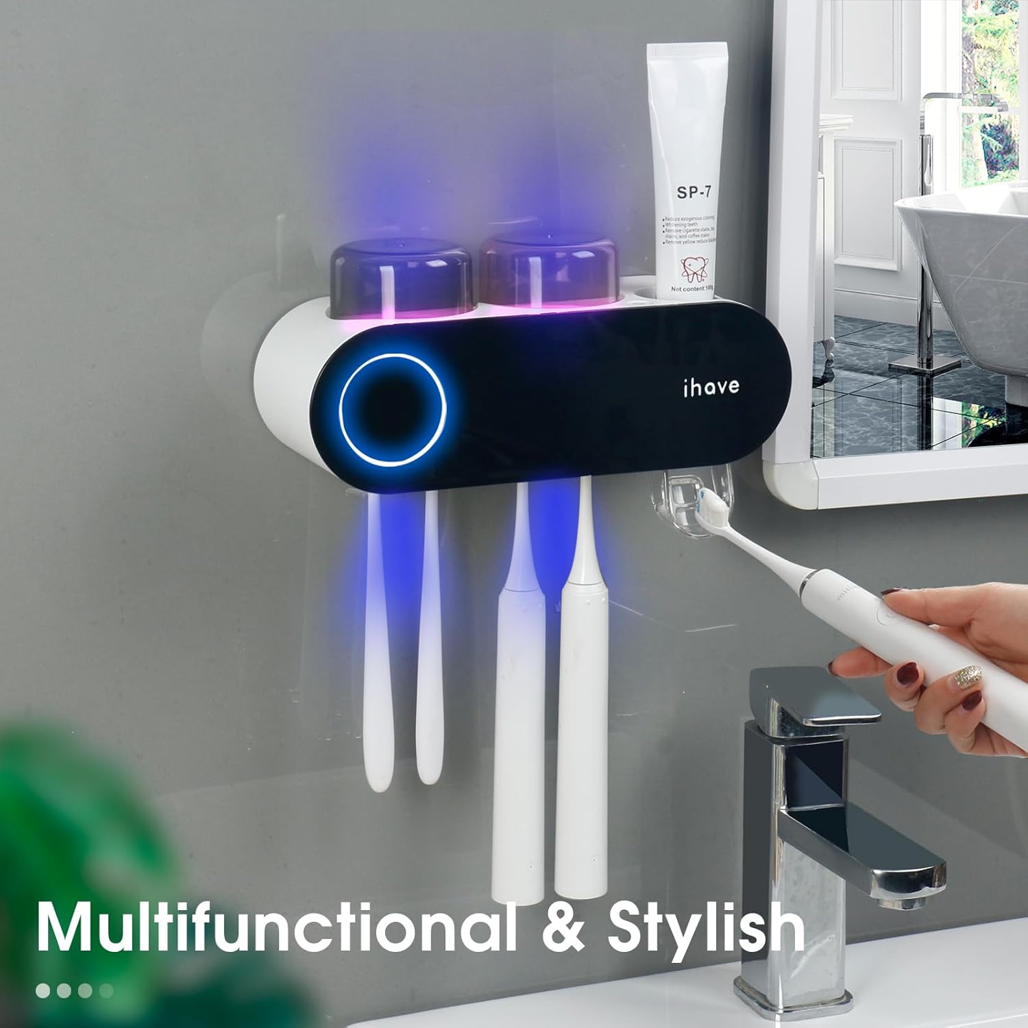 iHave Toothbrush Holders for Bathrooms, UV Toothbrush Sanitizer and Holder Smart Home Bathroom Accessories, 2 Cups Electric Toothbrush Holder Wall Mounted with Toothpaste Dispenser Bathroom Decor - Image 3