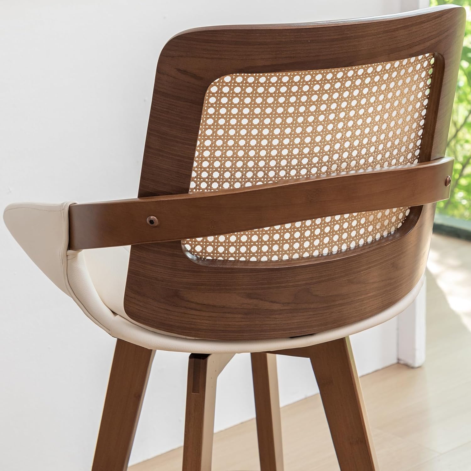 Set of 2 Mid Century Modern Counter Stools - 26.4 inch Rattan Swivel Counter Stools with Cane Back, Upholstered Faux Leather, Walnut Craftsmanship, Ideal for Island/Pub/Kitchen(26" Seat Height, Beige) - Image 8