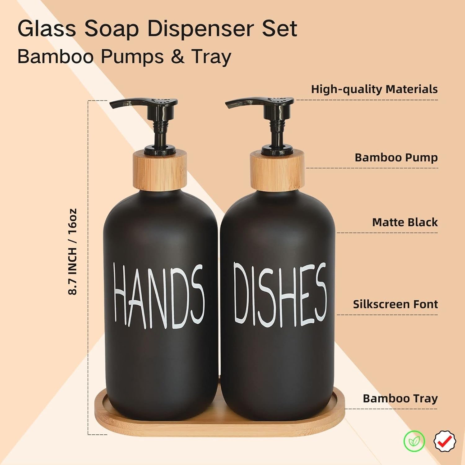 Glass Soap Dispenser Set. Hand and Dish with Bamboo Tray. Vintage Pump for Kitchen Drain Outlet Bathroom. Stylish Permanent Labels (Matte Black) - Image 2