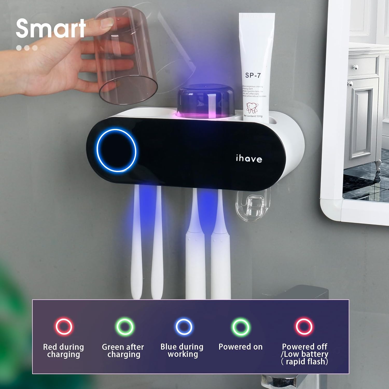 iHave Toothbrush Holders for Bathrooms, UV Toothbrush Sanitizer and Holder Smart Home Bathroom Accessories, 2 Cups Electric Toothbrush Holder Wall Mounted with Toothpaste Dispenser Bathroom Decor - Image 8