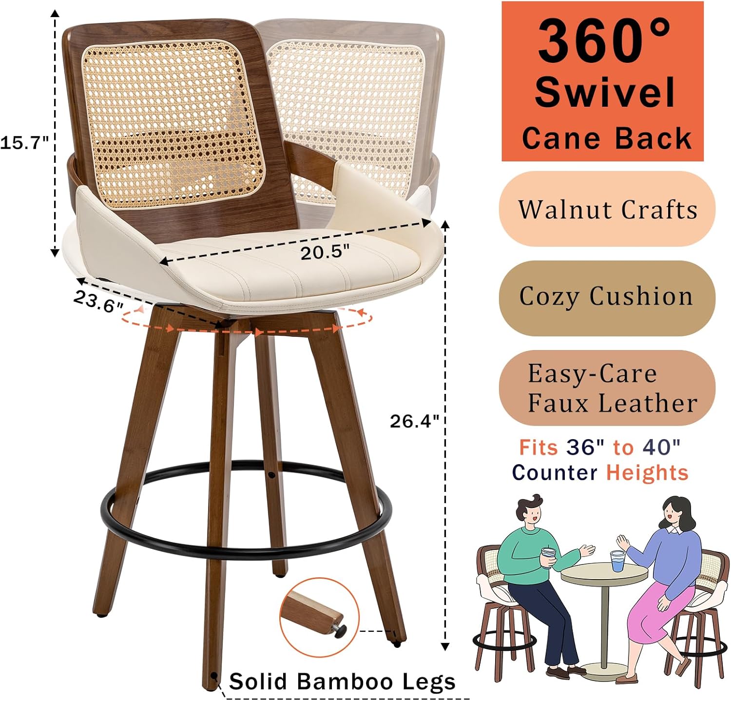 Set of 2 Mid Century Modern Counter Stools - 26.4 inch Rattan Swivel Counter Stools with Cane Back, Upholstered Faux Leather, Walnut Craftsmanship, Ideal for Island/Pub/Kitchen(26" Seat Height, Beige) - Image 2
