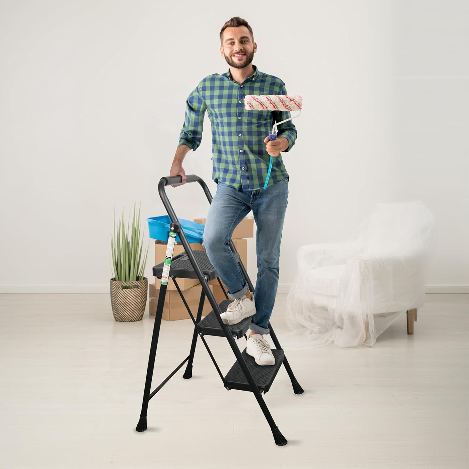 3 Step Ladder, Folding Step Stool with Wide Anti-Slip Pedals, Sturdy Steel Ladder with Handrail, Space-Saving, Portable for Home & Adults - Image 8