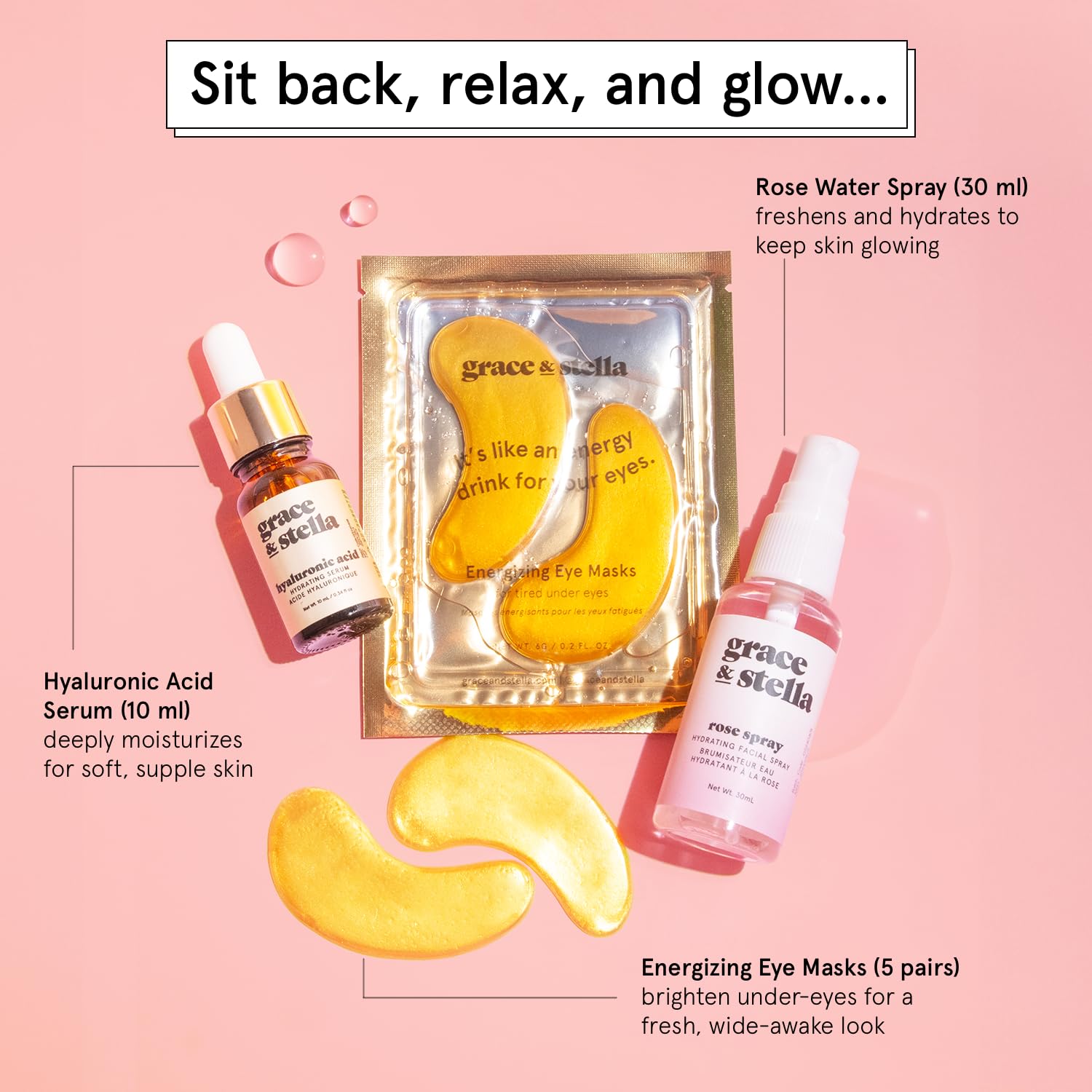 grace & stella Award-Winning Skin Care Set - Gifts for Women - Travel Essentials with Gold Eye Masks, Hyaluronic Acid Serum & Rose Spray, Beauty Gift Set - Birthday & Bachelorette Favors - Image 4