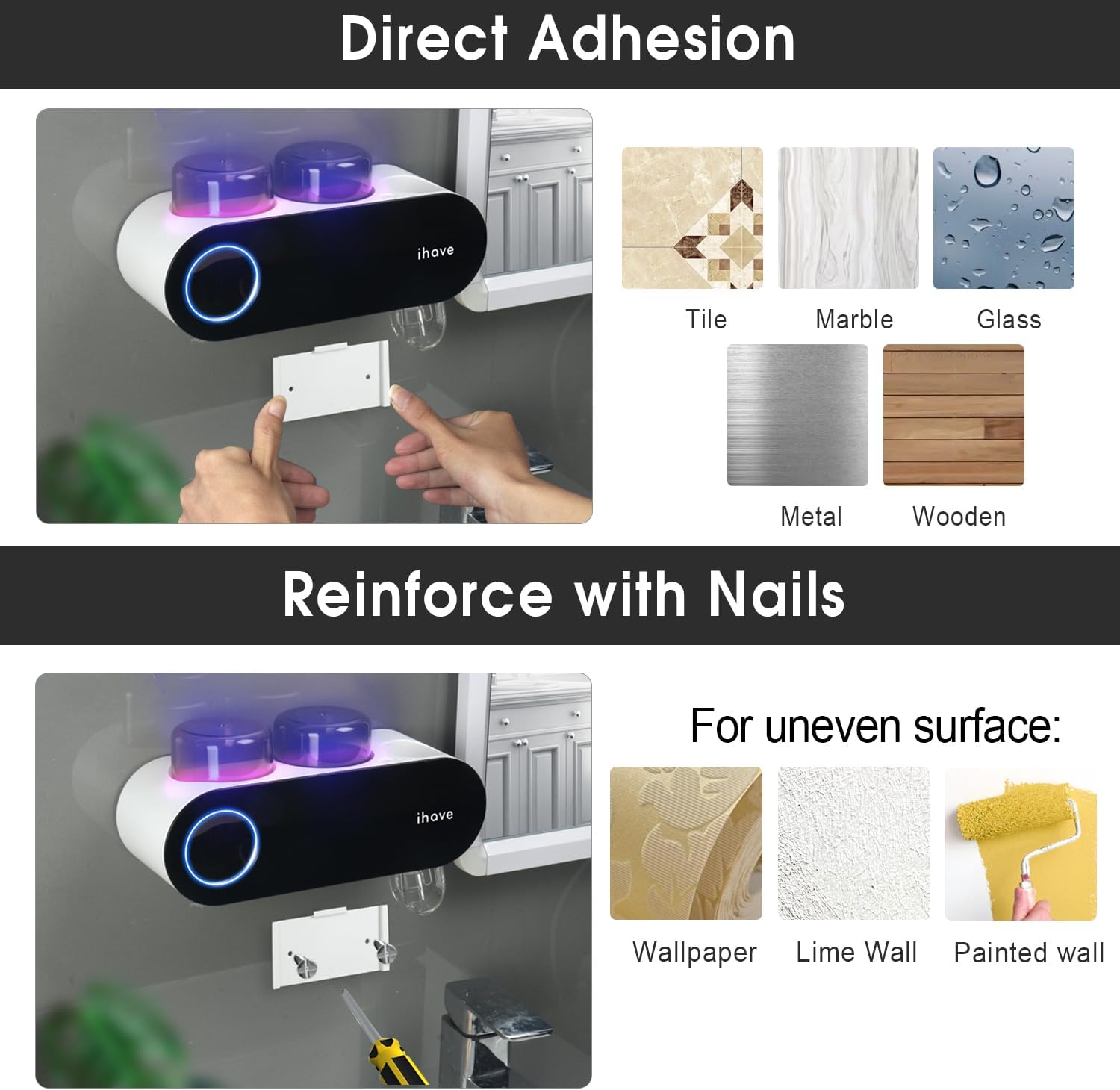 iHave Toothbrush Holders for Bathrooms, UV Toothbrush Sanitizer and Holder Smart Home Bathroom Accessories, 2 Cups Electric Toothbrush Holder Wall Mounted with Toothpaste Dispenser Bathroom Decor - Image 5
